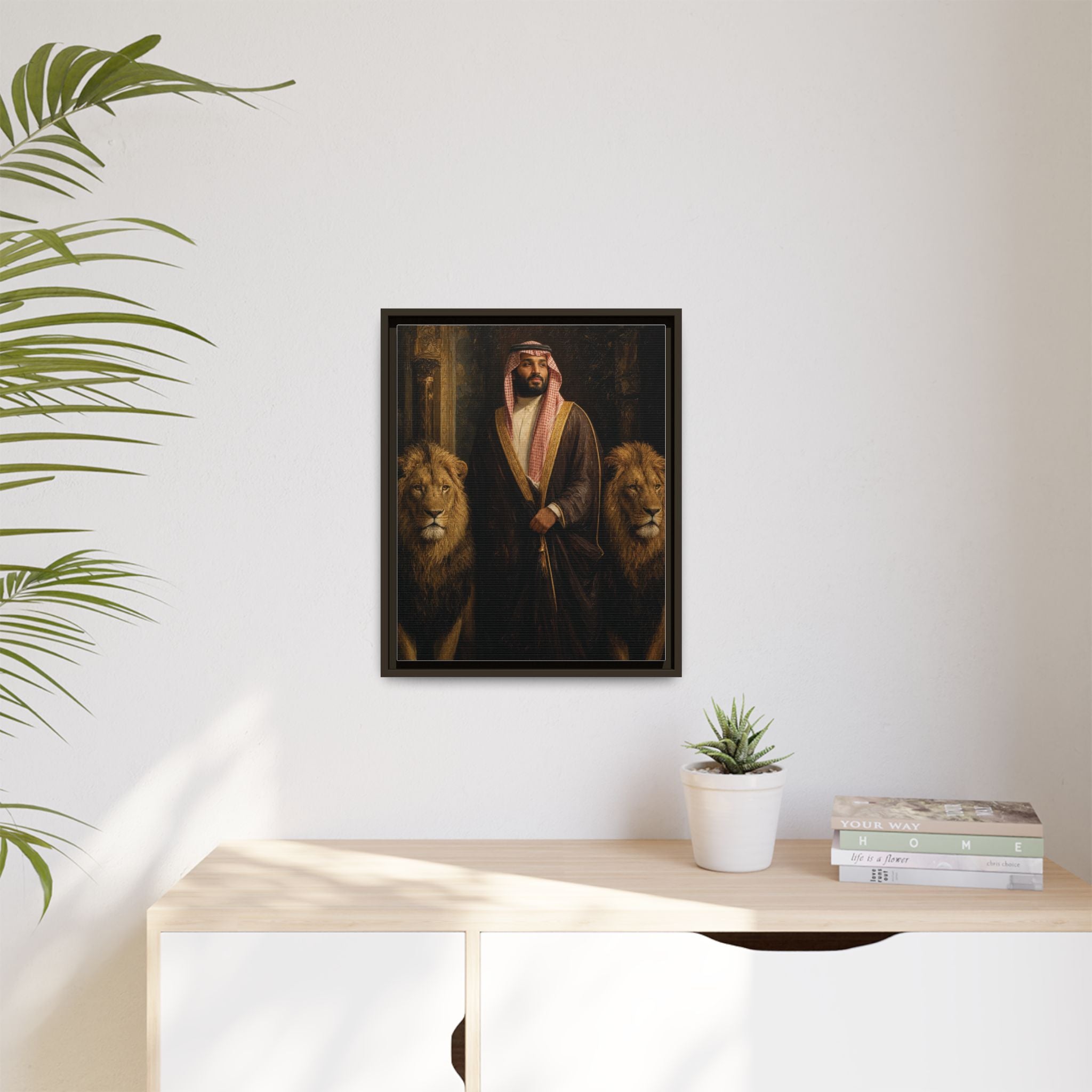 Framed Matte Canvas Print — Regal Arab Sheik Portrait with Lions