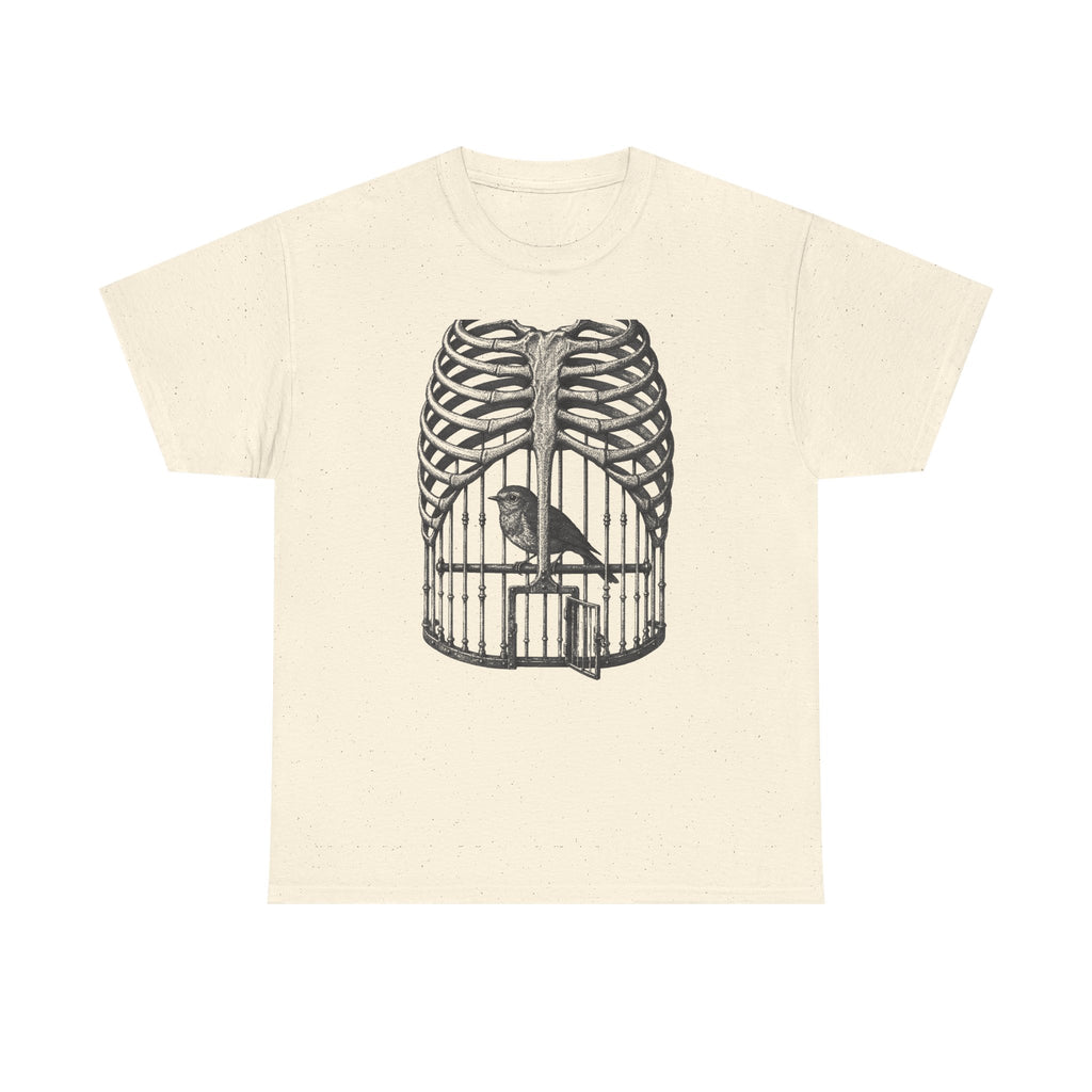 Anatomical Rib Cage Birdcage Shirt, Victorian Engraving Art Tee, Surreal Skeleton Bird Illustration, Dark Academia Gift, Unisex Heavy Cotton
