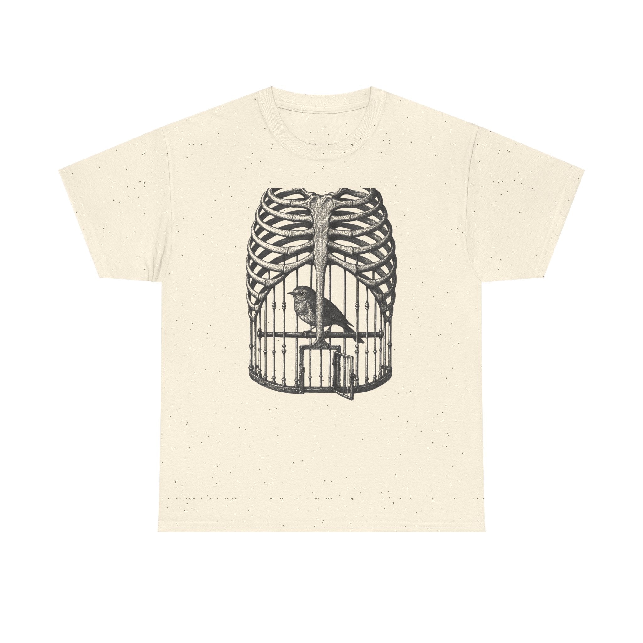 Anatomical Rib Cage Birdcage Shirt, Victorian Engraving Art Tee, Surreal Skeleton Bird Illustration, Dark Academia Gift, Unisex Heavy Cotton