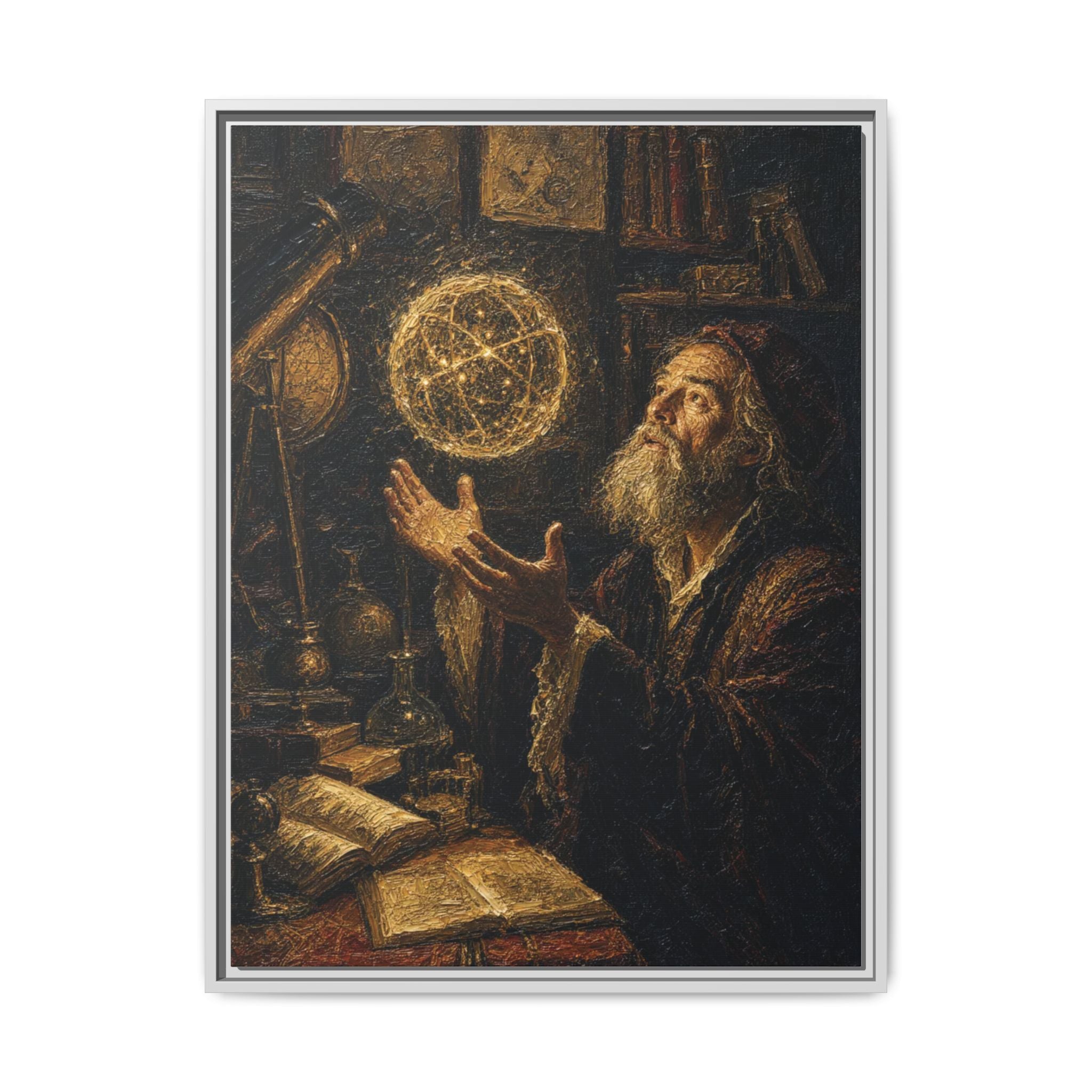 Framed Matte Canvas Art — Old Astronomer with Celestial Globe