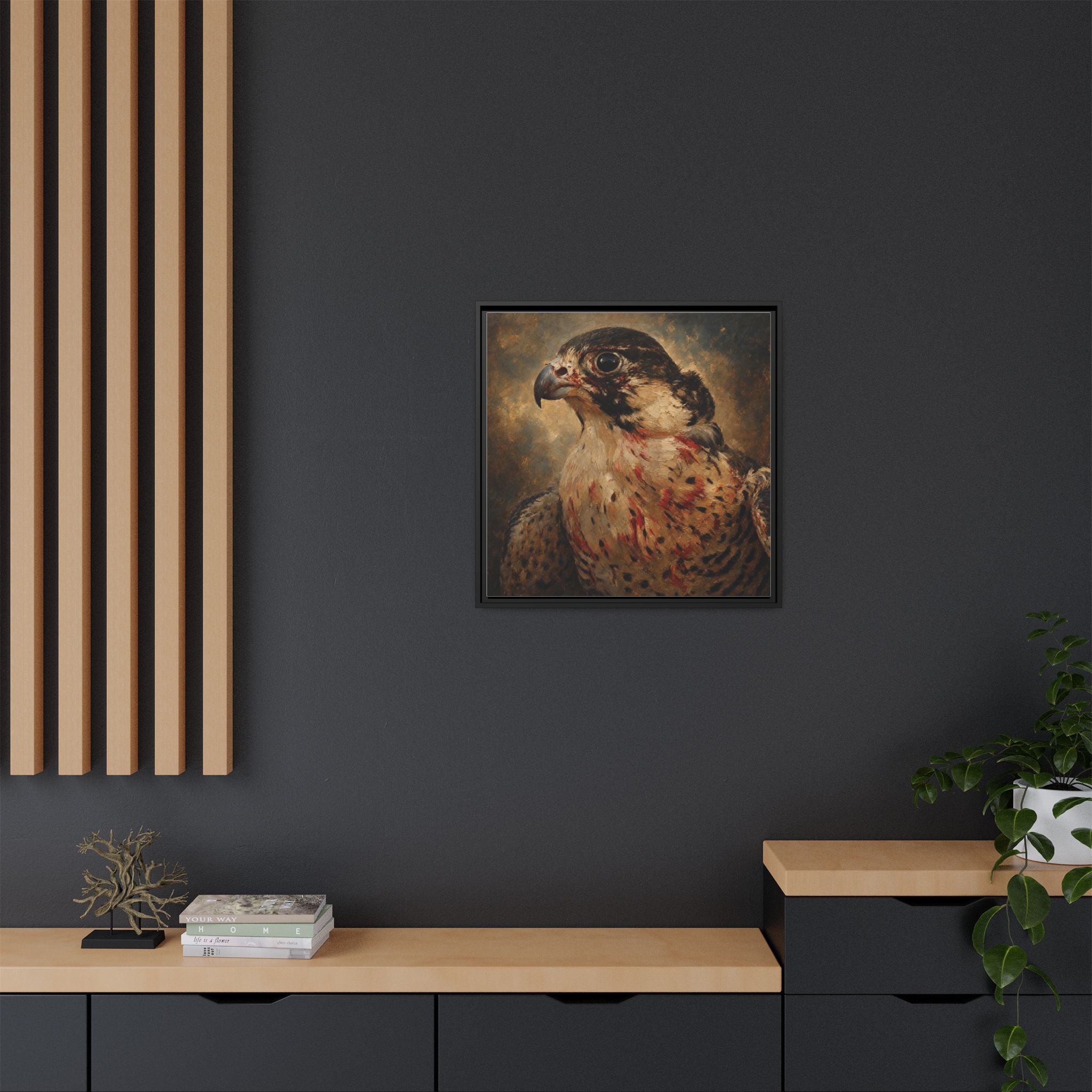 Framed Matte Canvas Falcon Portrait — Dramatic Raptor Wall Art