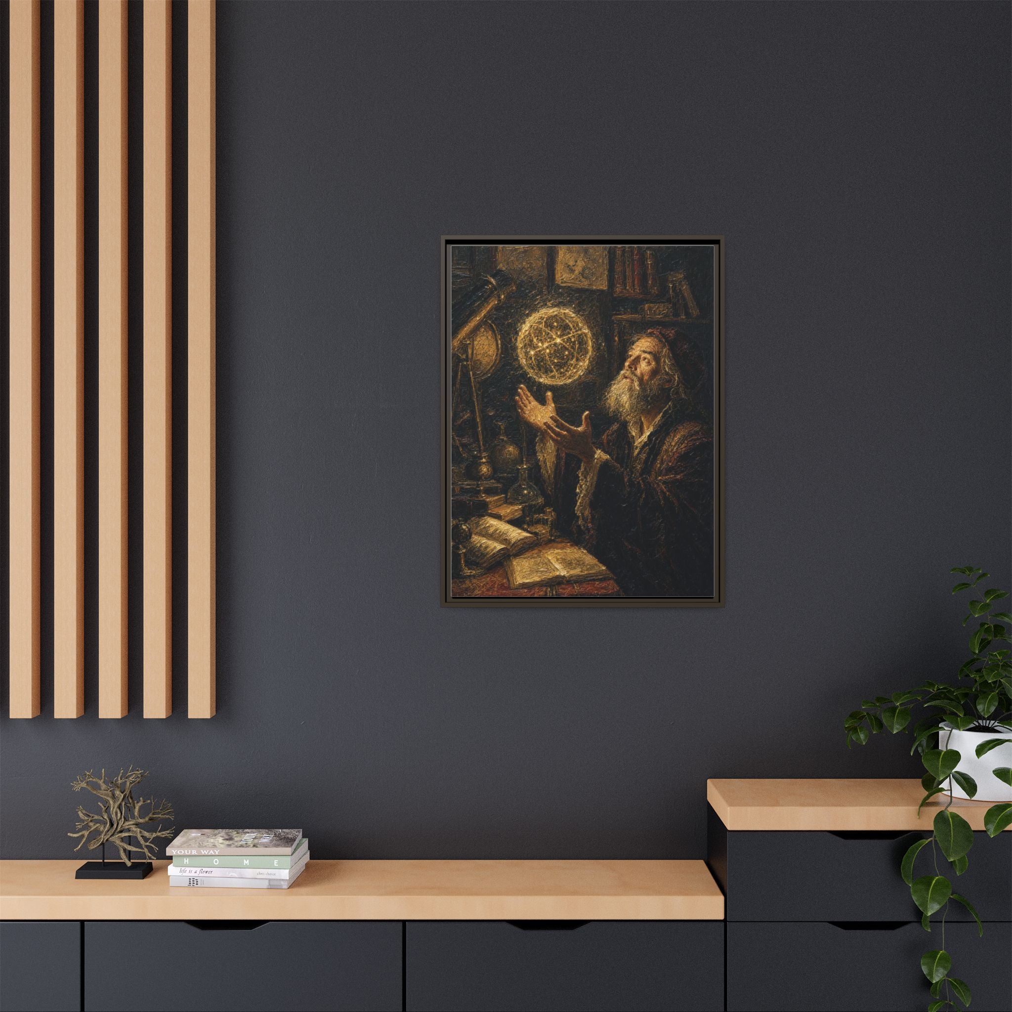 Framed Matte Canvas Art — Old Astronomer with Celestial Globe