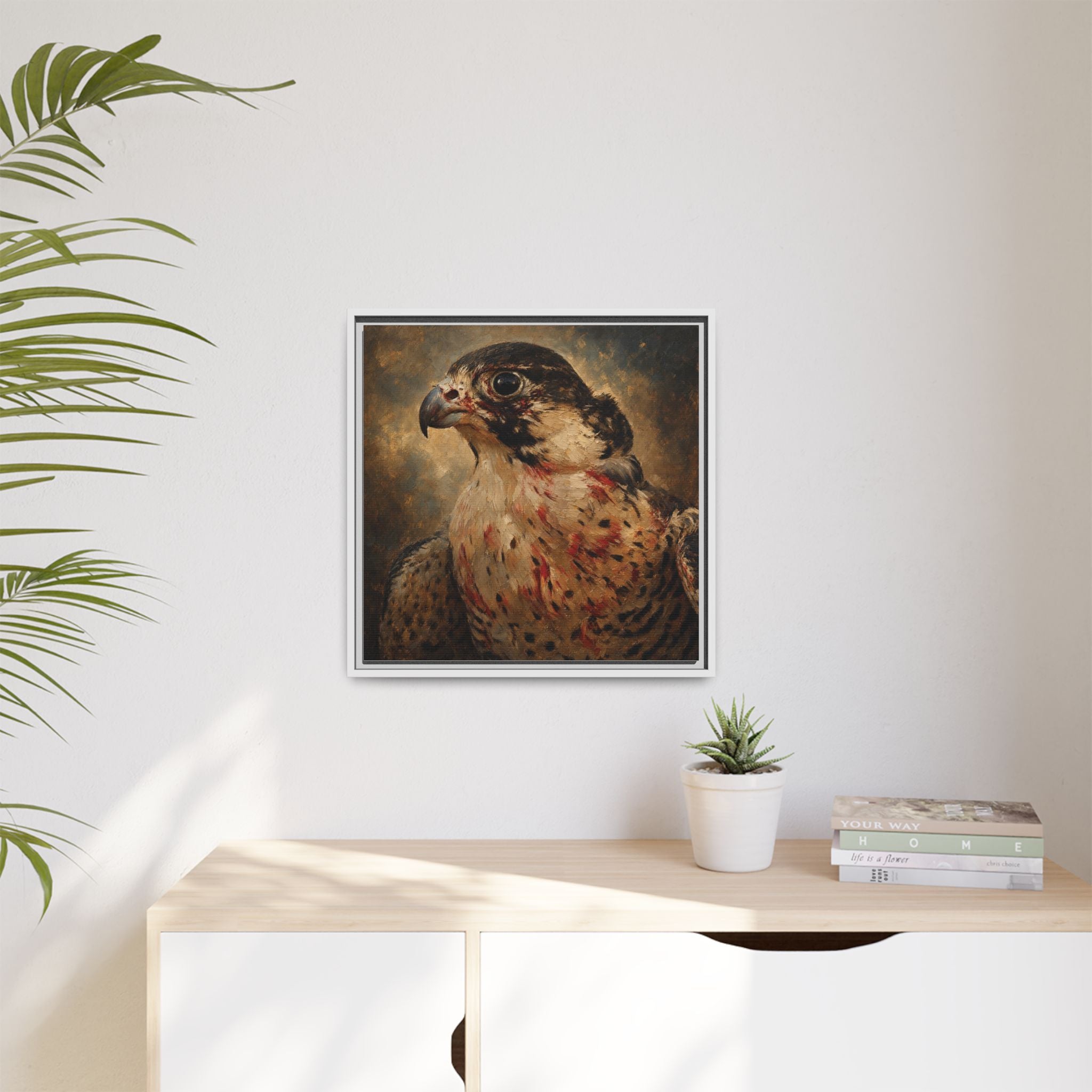 Framed Matte Canvas Falcon Portrait — Dramatic Raptor Wall Art