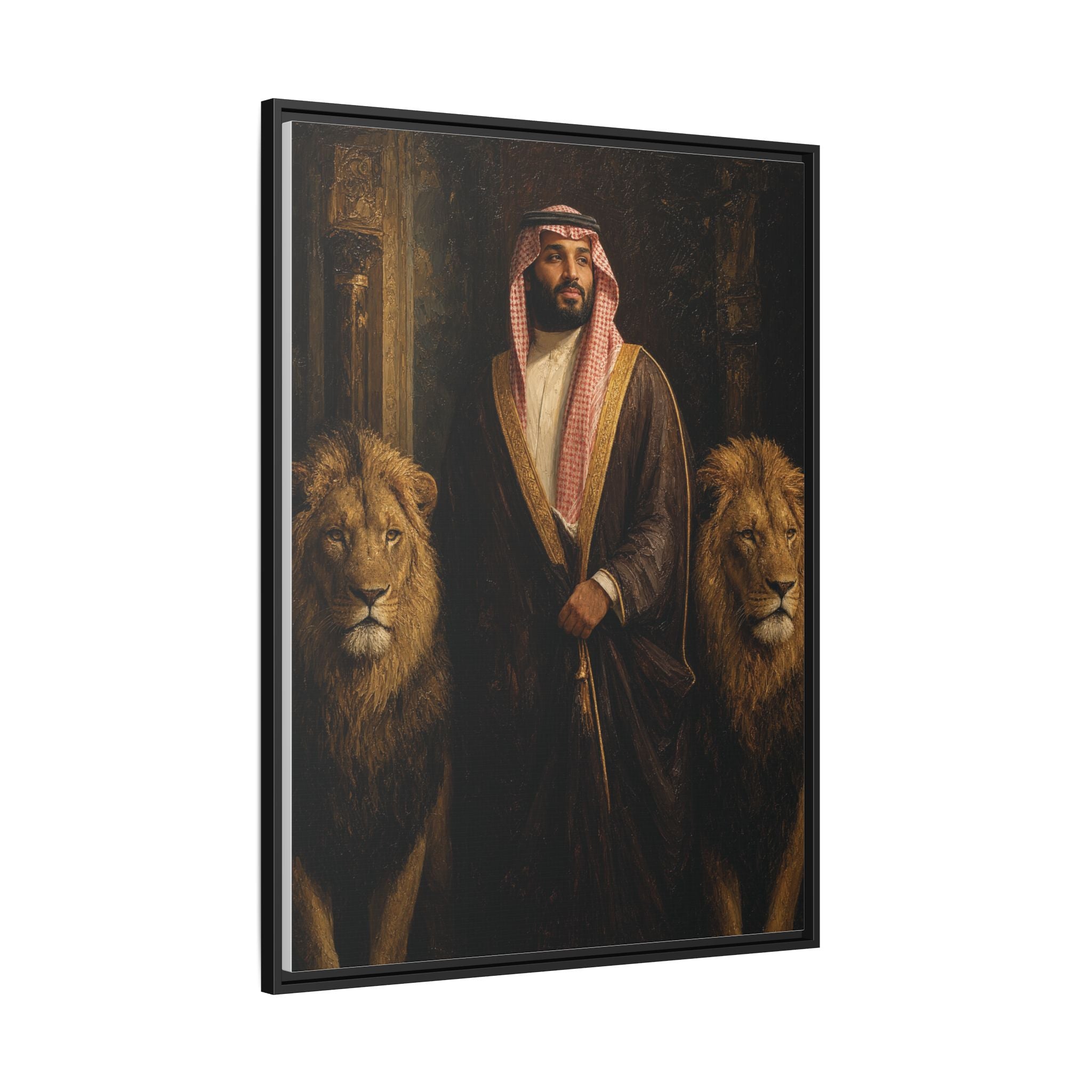 Framed Matte Canvas Print — Regal Arab Sheik Portrait with Lions
