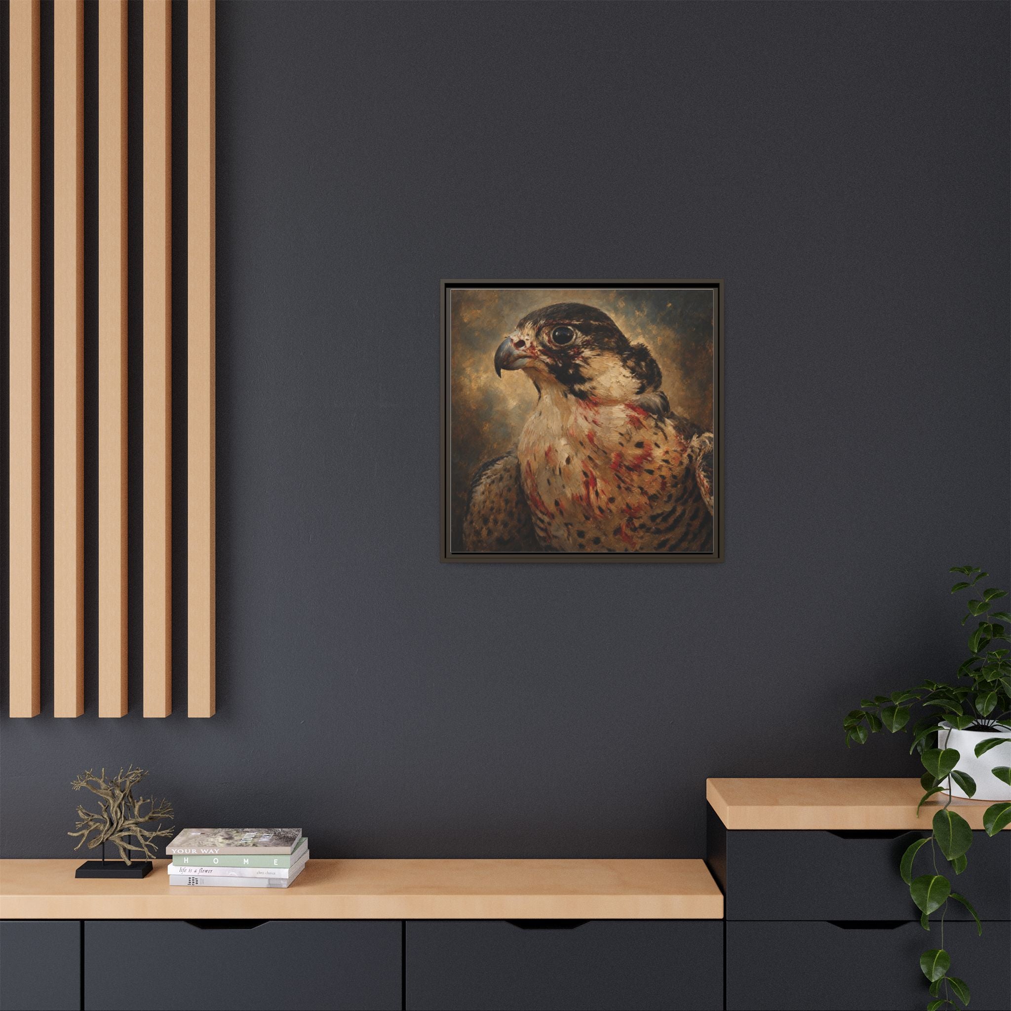 Framed Matte Canvas Falcon Portrait — Dramatic Raptor Wall Art