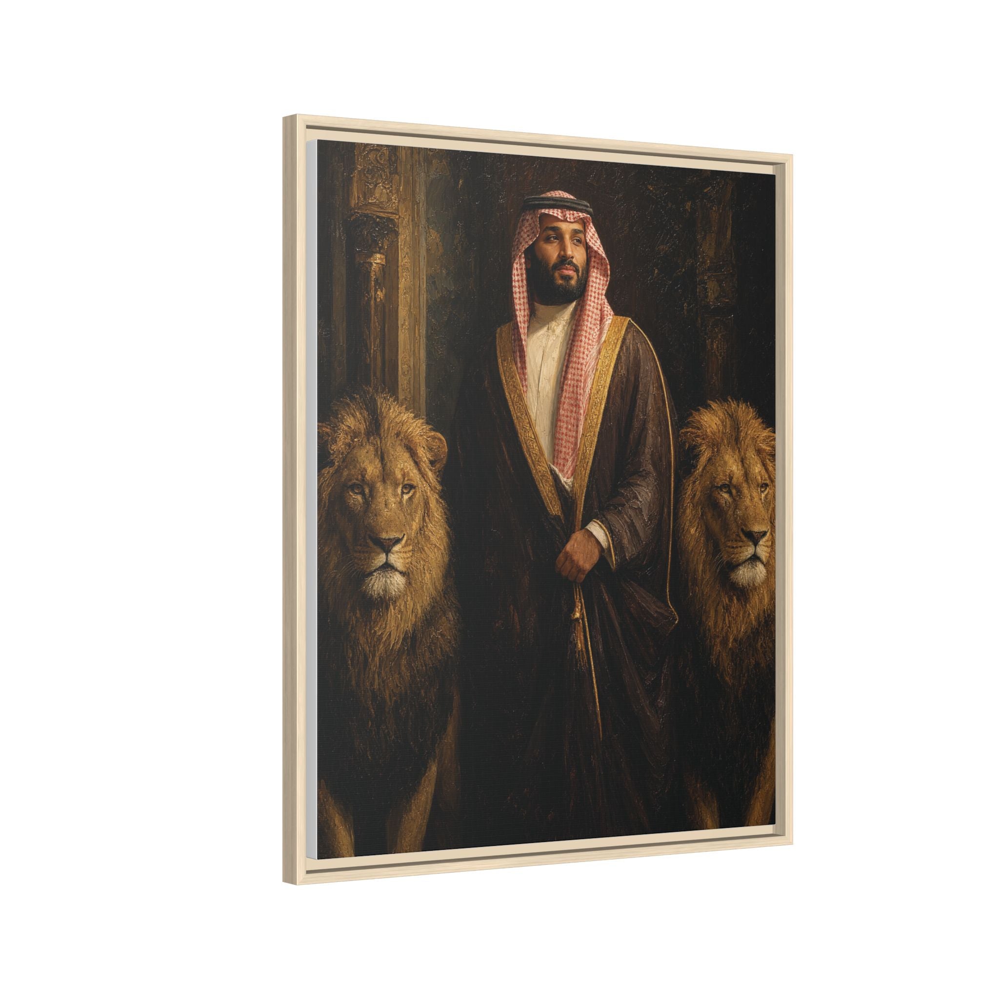 Framed Matte Canvas Print — Regal Arab Sheik Portrait with Lions