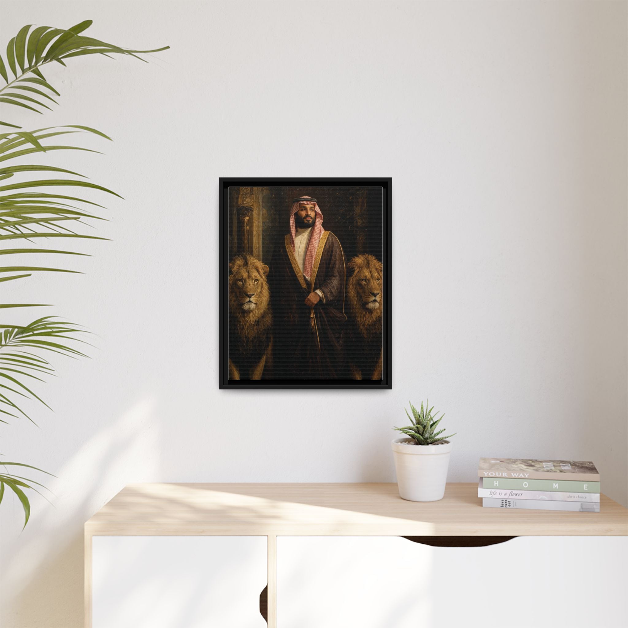 Framed Matte Canvas Print — Regal Arab Sheik Portrait with Lions