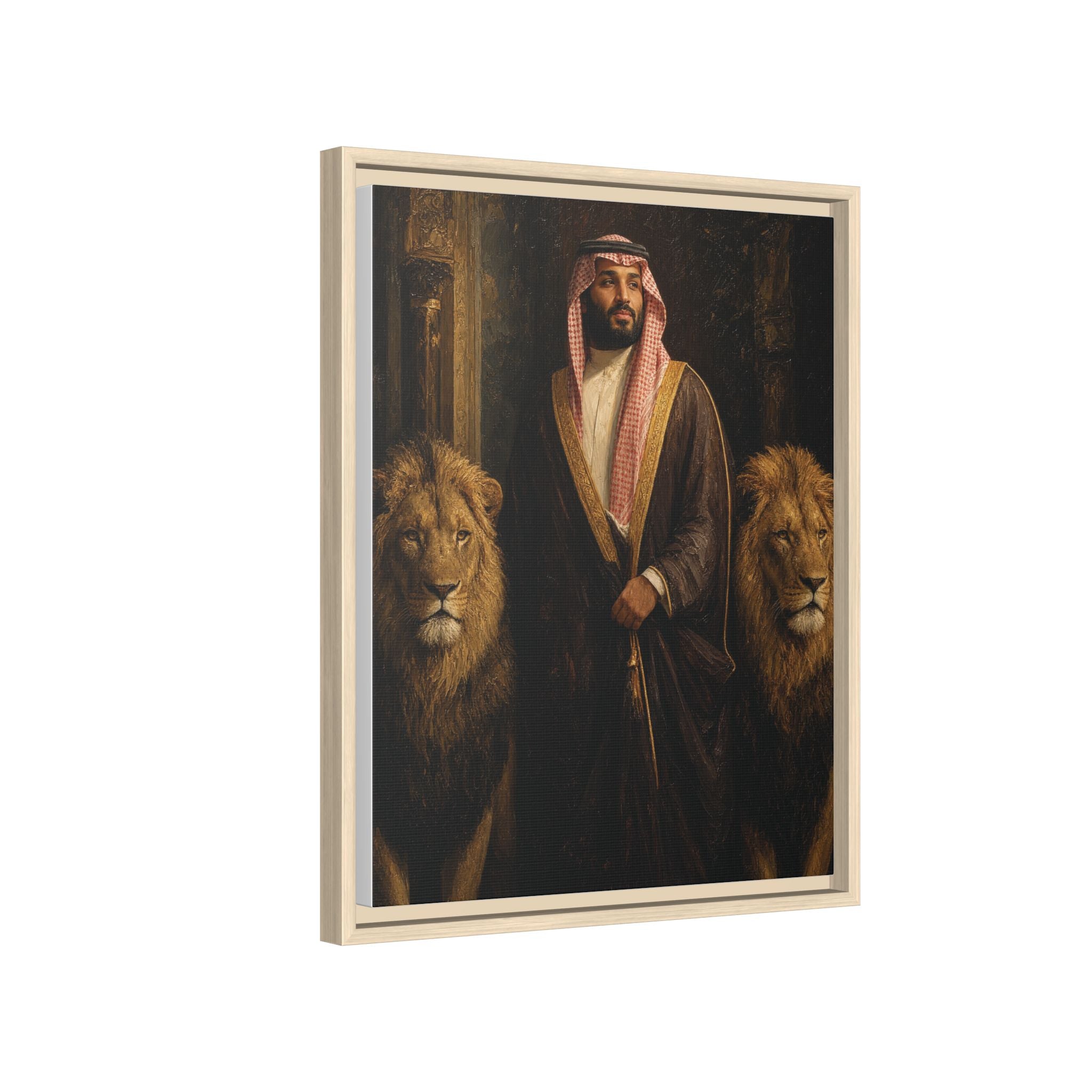Framed Matte Canvas Print — Regal Arab Sheik Portrait with Lions