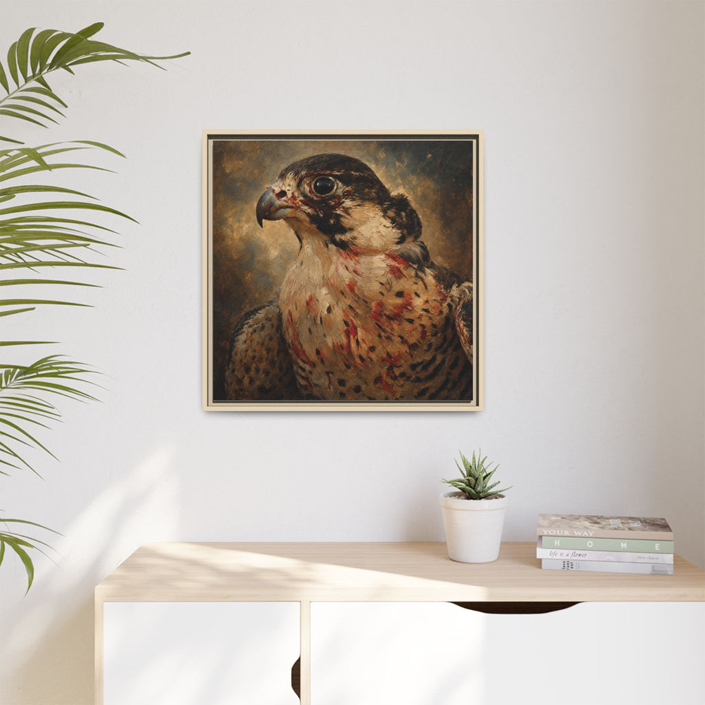 Framed Matte Canvas Falcon Portrait — Dramatic Raptor Wall Art