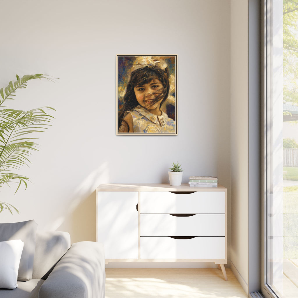 Framed Matte Canvas Portrait Print — Smiling Girl Oil-Paint Style
