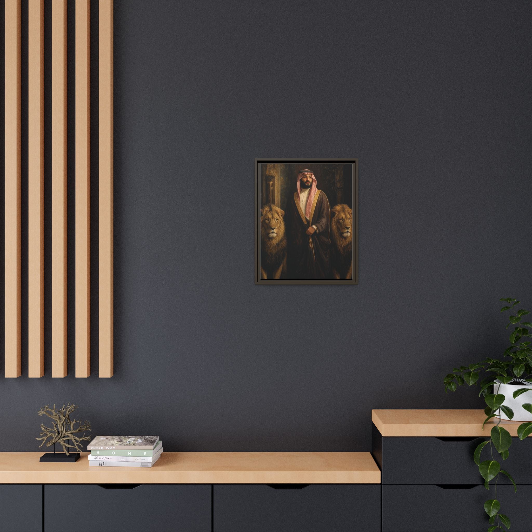 Framed Matte Canvas Print — Regal Arab Sheik Portrait with Lions