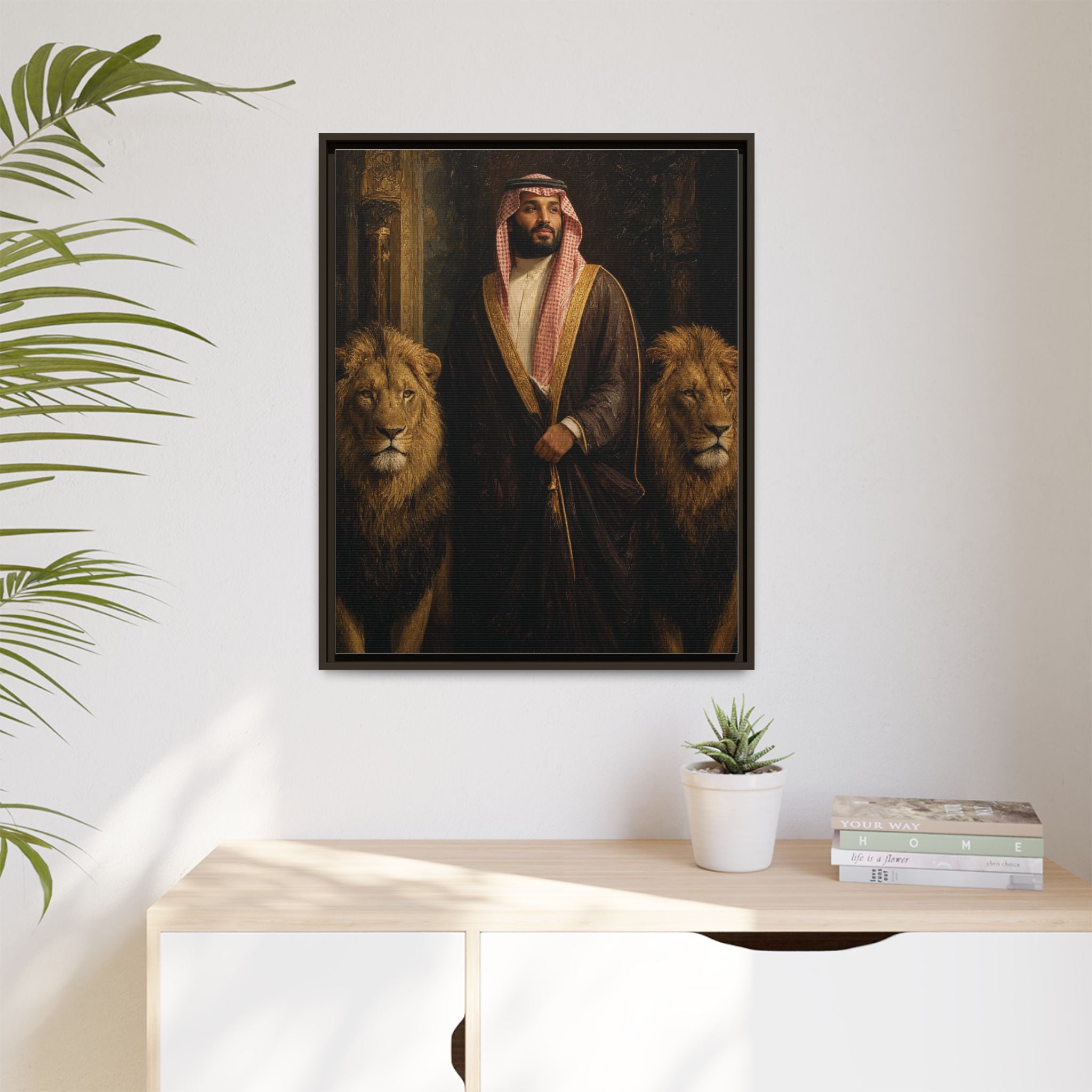 Framed Matte Canvas Print — Regal Arab Sheik Portrait with Lions