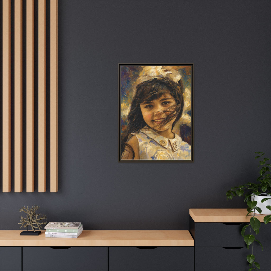 Framed Matte Canvas Portrait Print — Smiling Girl Oil-Paint Style