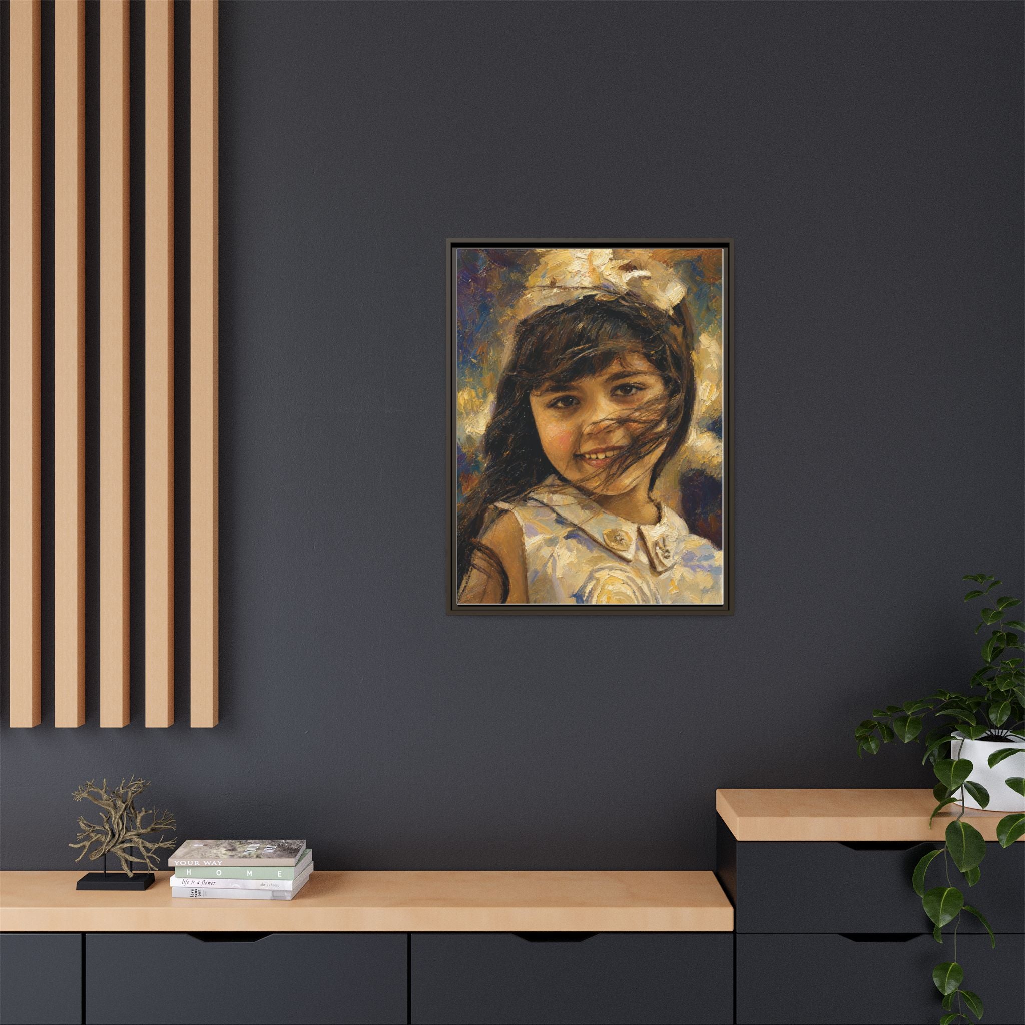 Framed Matte Canvas Portrait Print — Smiling Girl Oil-Paint Style