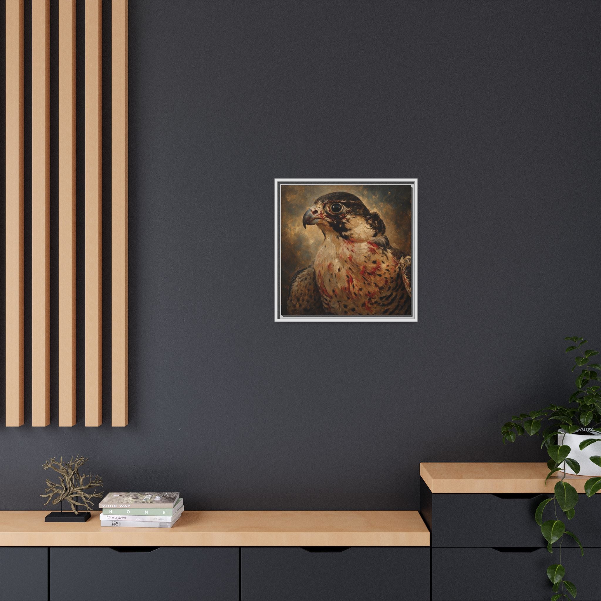 Framed Matte Canvas Falcon Portrait — Dramatic Raptor Wall Art