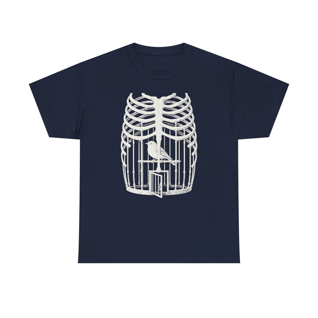 Anatomical Rib Cage Birdcage Shirt, Victorian Engraving Art Tee, Surreal Skeleton Bird Illustration, Dark Academia Gift, Unisex Heavy Cotton