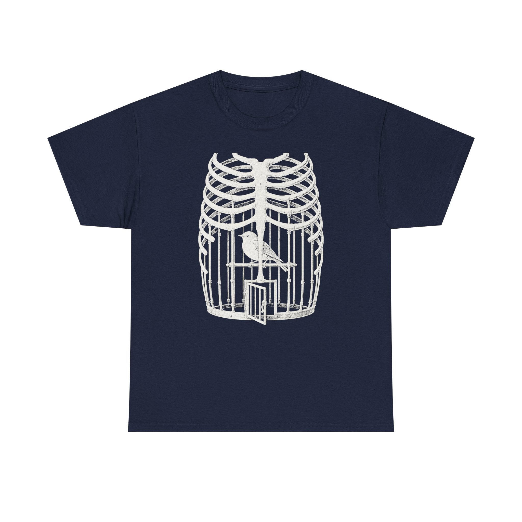 Anatomical Rib Cage Birdcage Shirt, Victorian Engraving Art Tee, Surreal Skeleton Bird Illustration, Dark Academia Gift, Unisex Heavy Cotton
