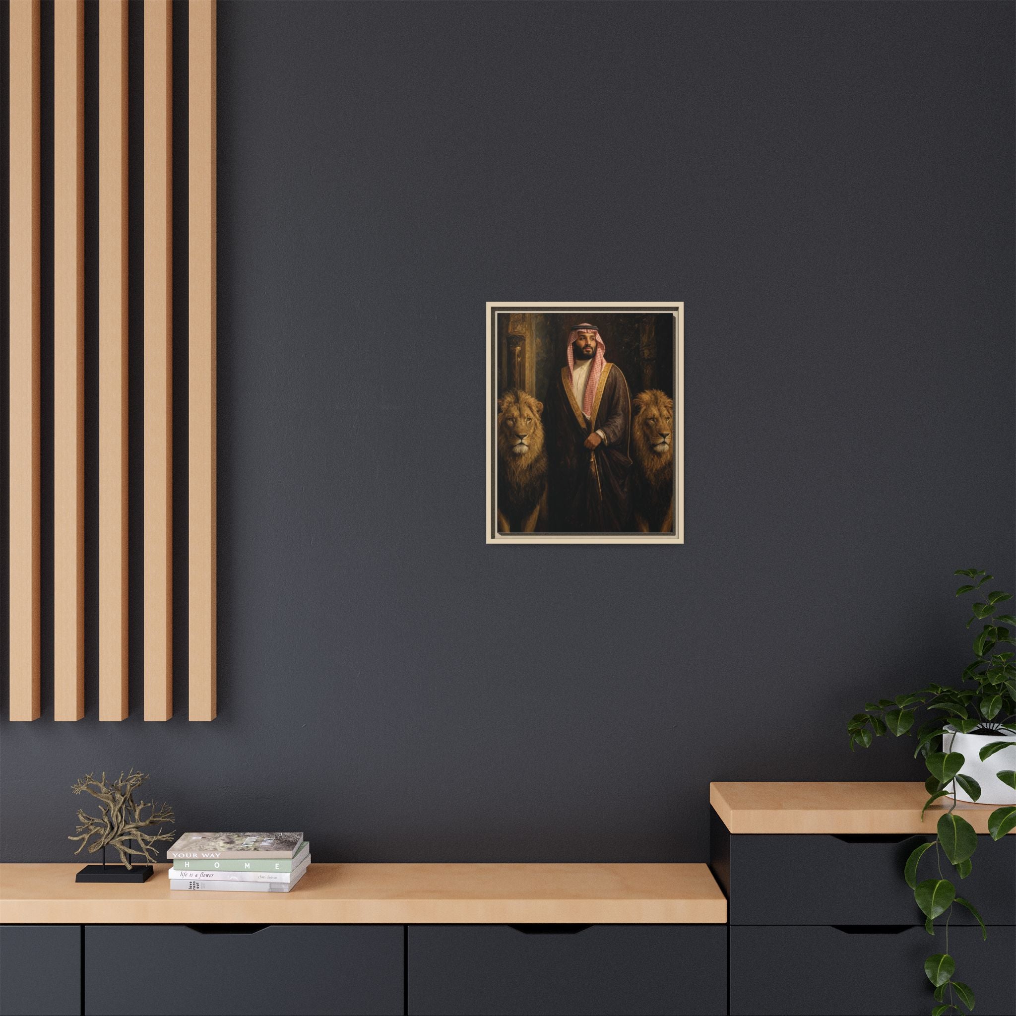 Framed Matte Canvas Print — Regal Arab Sheik Portrait with Lions