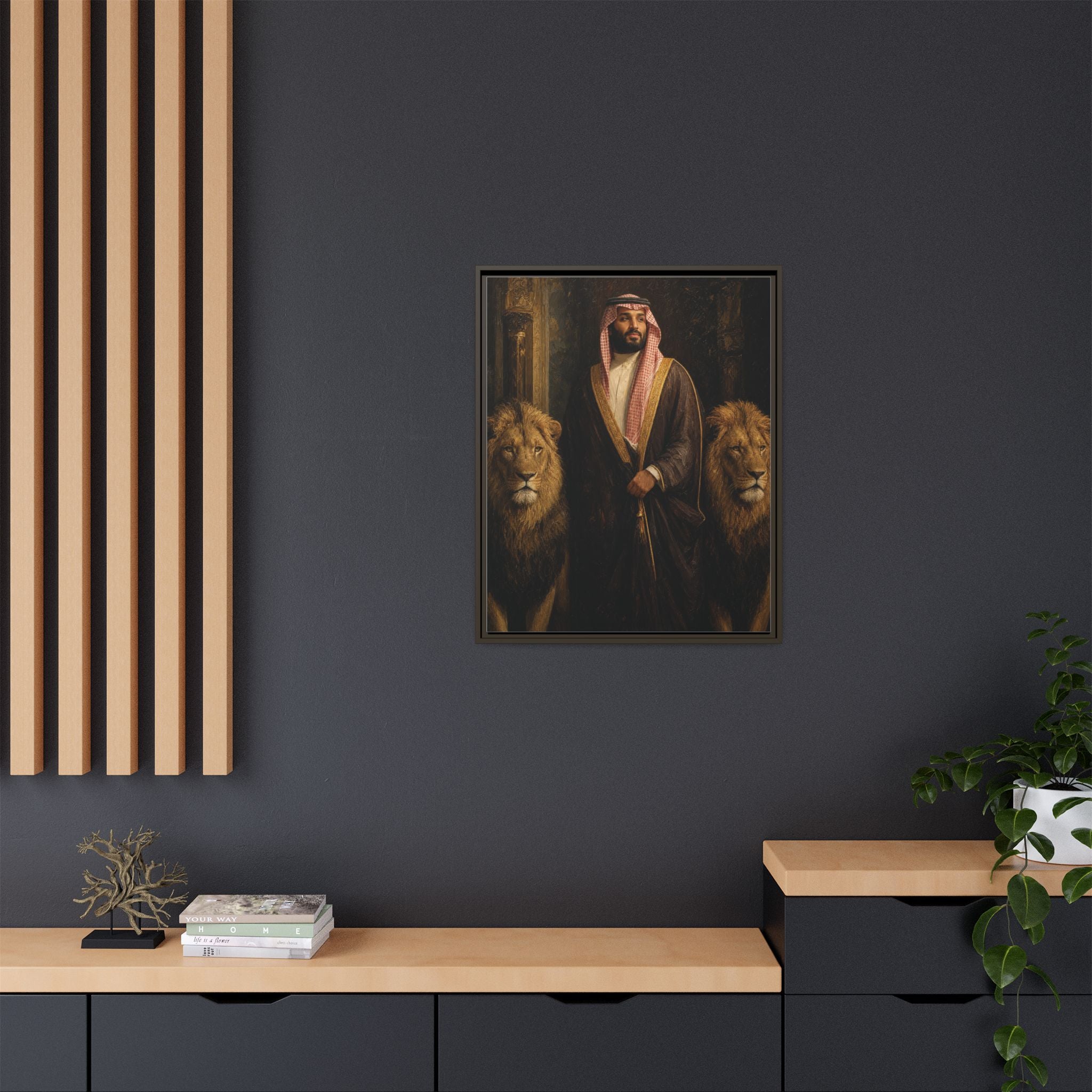 Framed Matte Canvas Print — Regal Arab Sheik Portrait with Lions