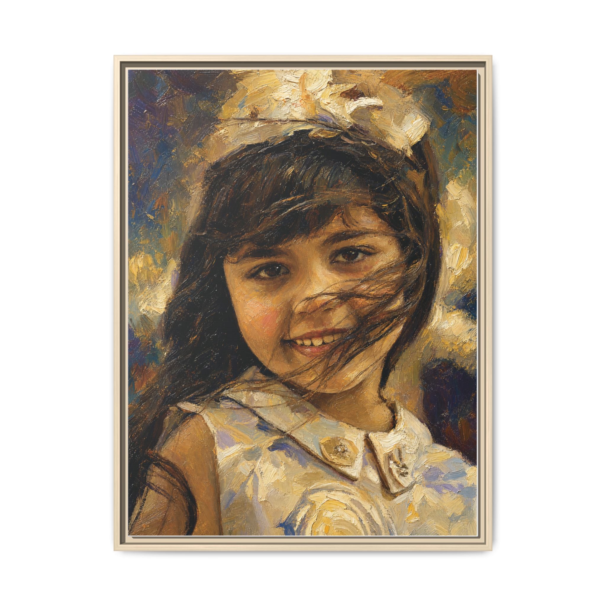 Framed Matte Canvas Portrait Print — Smiling Girl Oil-Paint Style
