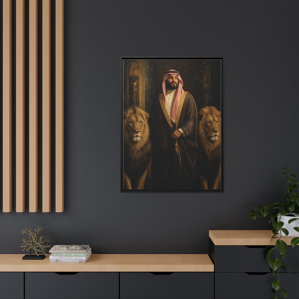 Framed Matte Canvas Print — Regal Arab Sheik Portrait with Lions