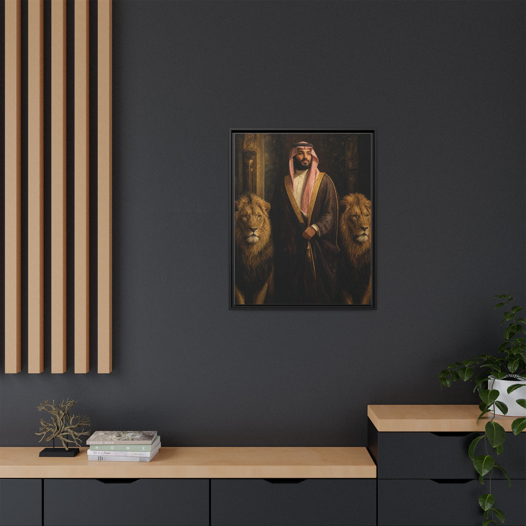Framed Matte Canvas Print — Regal Arab Sheik Portrait with Lions