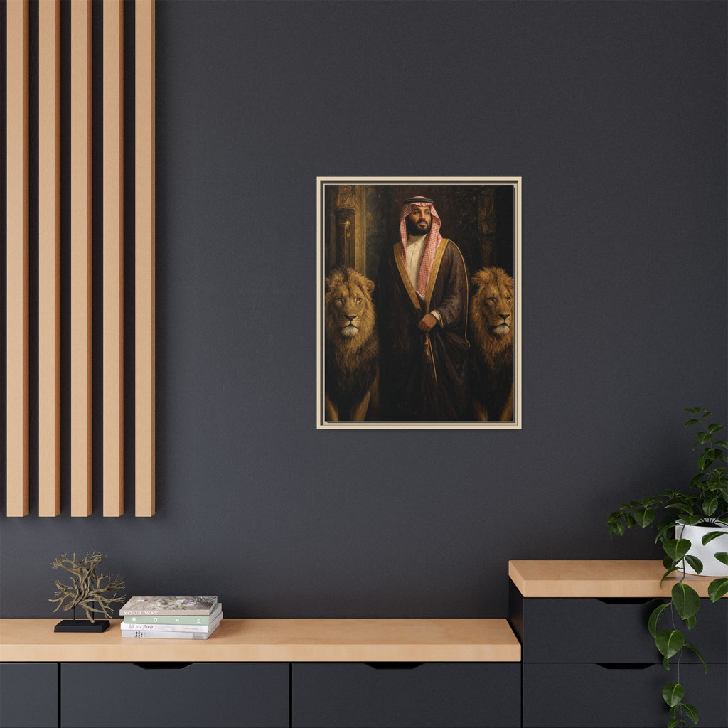 Framed Matte Canvas Print — Regal Arab Sheik Portrait with Lions