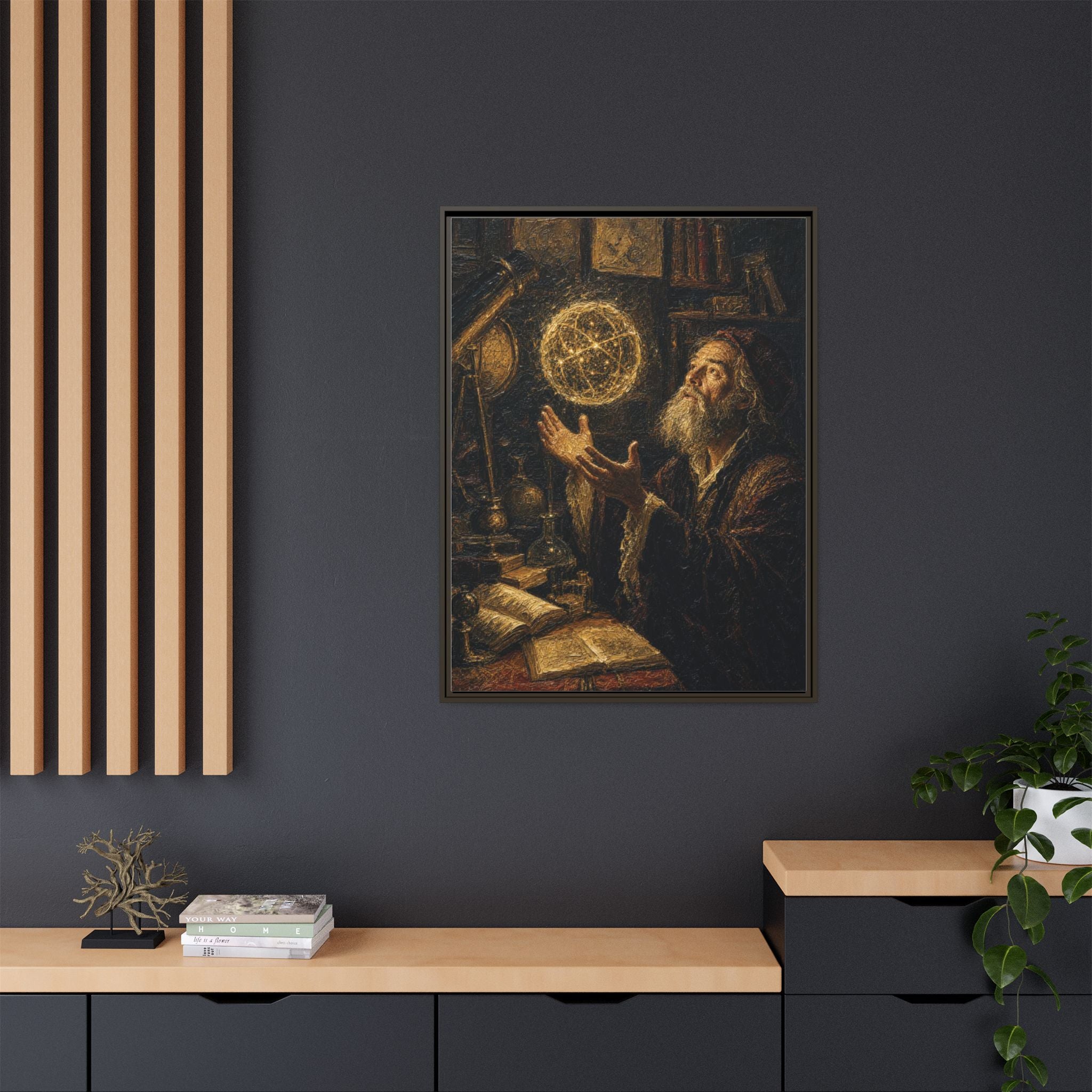 Framed Matte Canvas Art — Old Astronomer with Celestial Globe