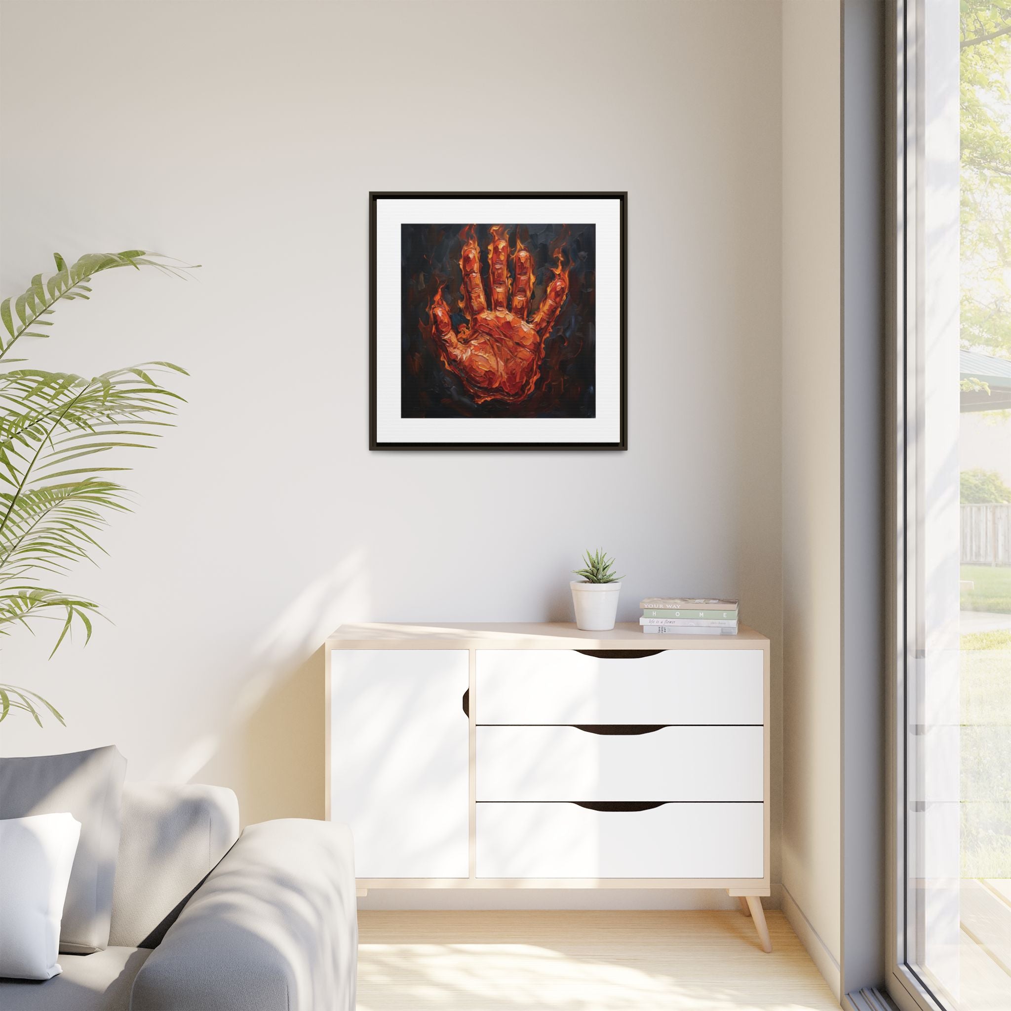 Framed Canvas Art – Fiery Handprint Painting