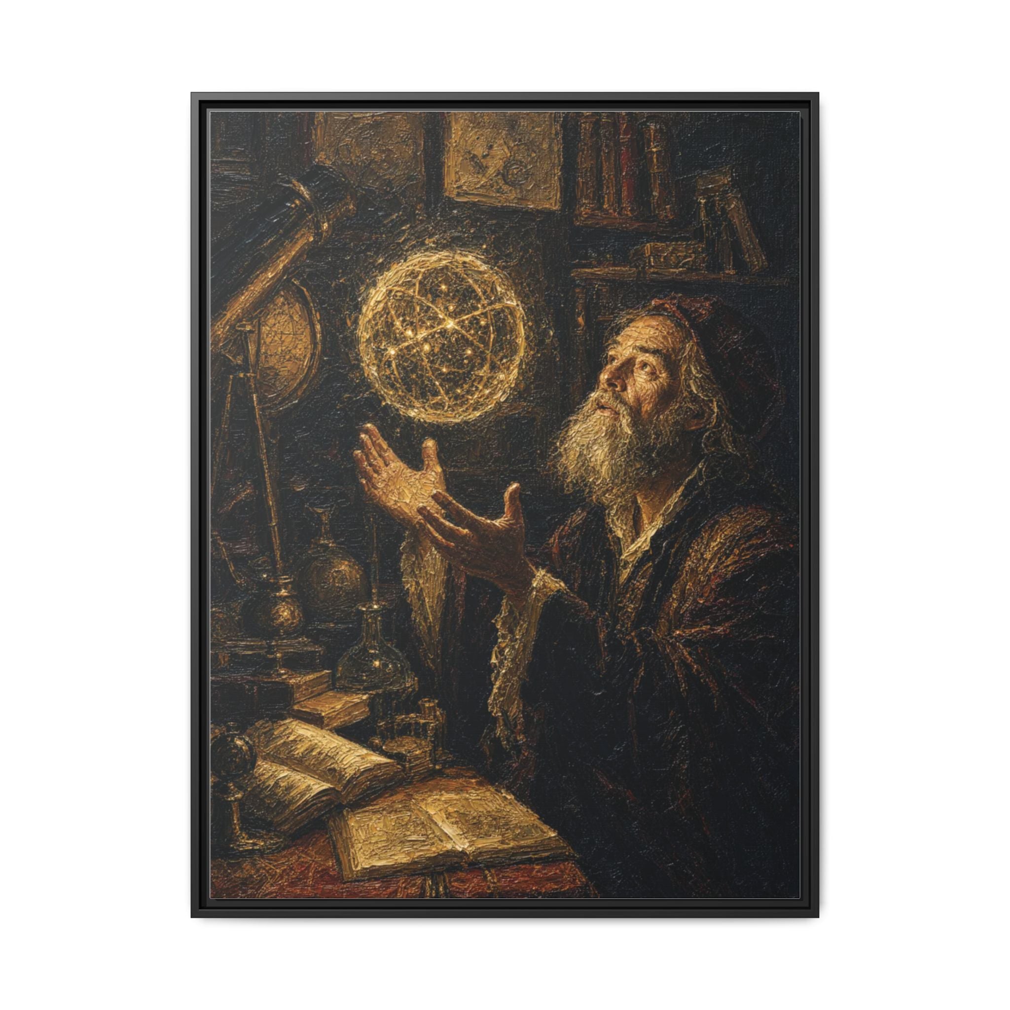 Framed Matte Canvas Art — Old Astronomer with Celestial Globe