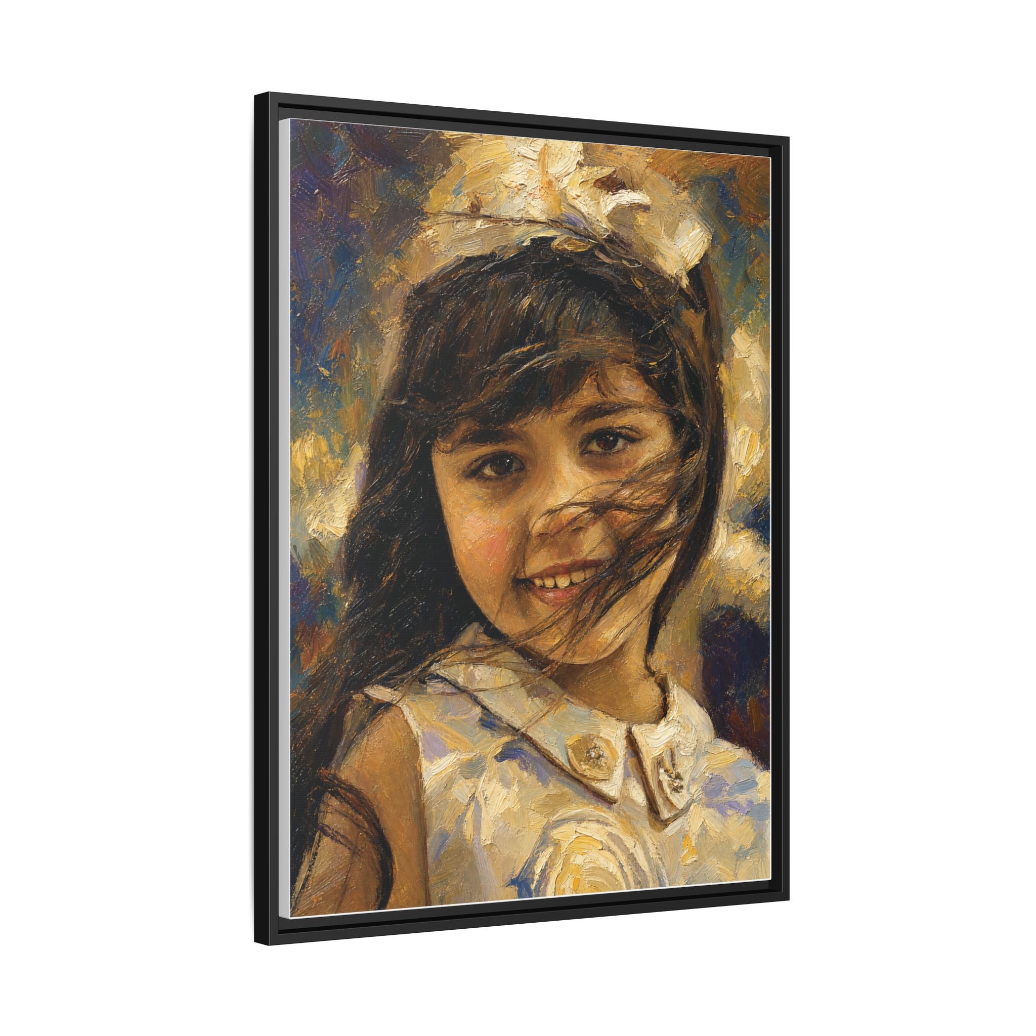 Framed Matte Canvas Portrait Print — Smiling Girl Oil-Paint Style