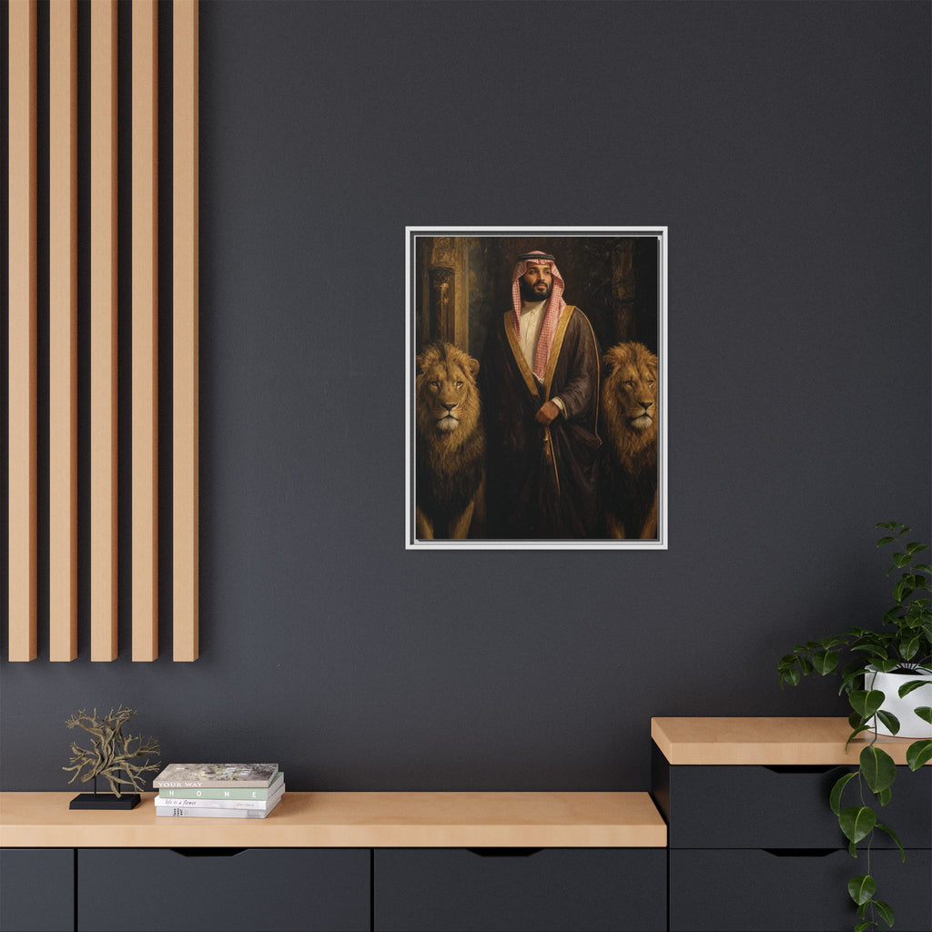 Framed Matte Canvas Print — Regal Arab Sheik Portrait with Lions