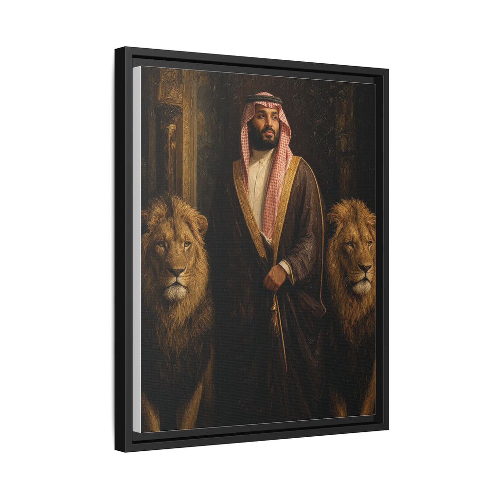 Framed Matte Canvas Print — Regal Arab Sheik Portrait with Lions