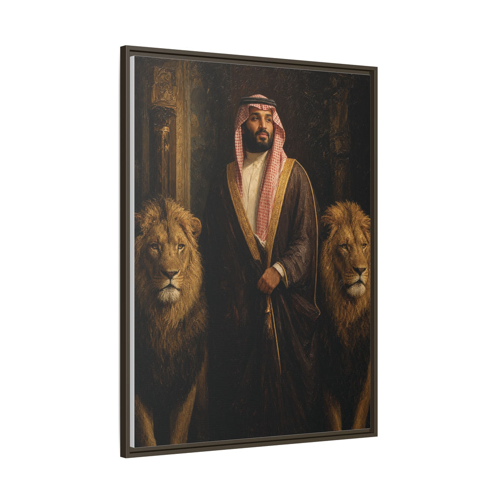 Framed Matte Canvas Print — Regal Arab Sheik Portrait with Lions