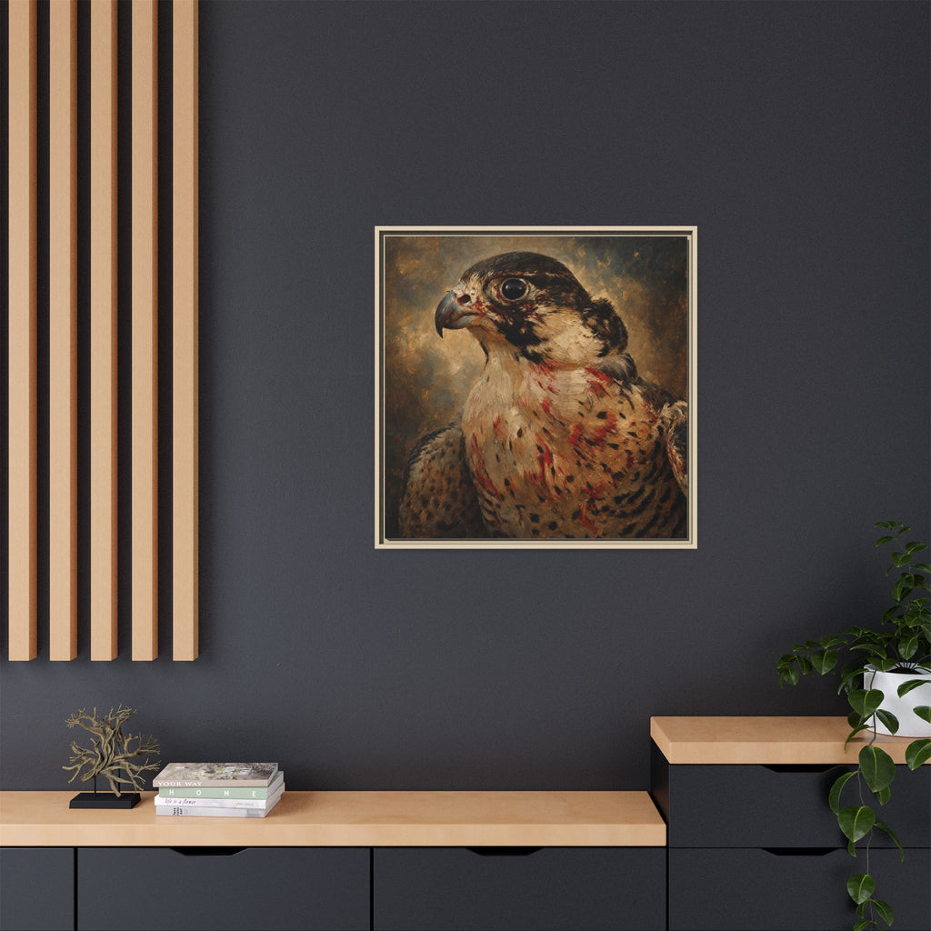 Framed Matte Canvas Falcon Portrait — Dramatic Raptor Wall Art