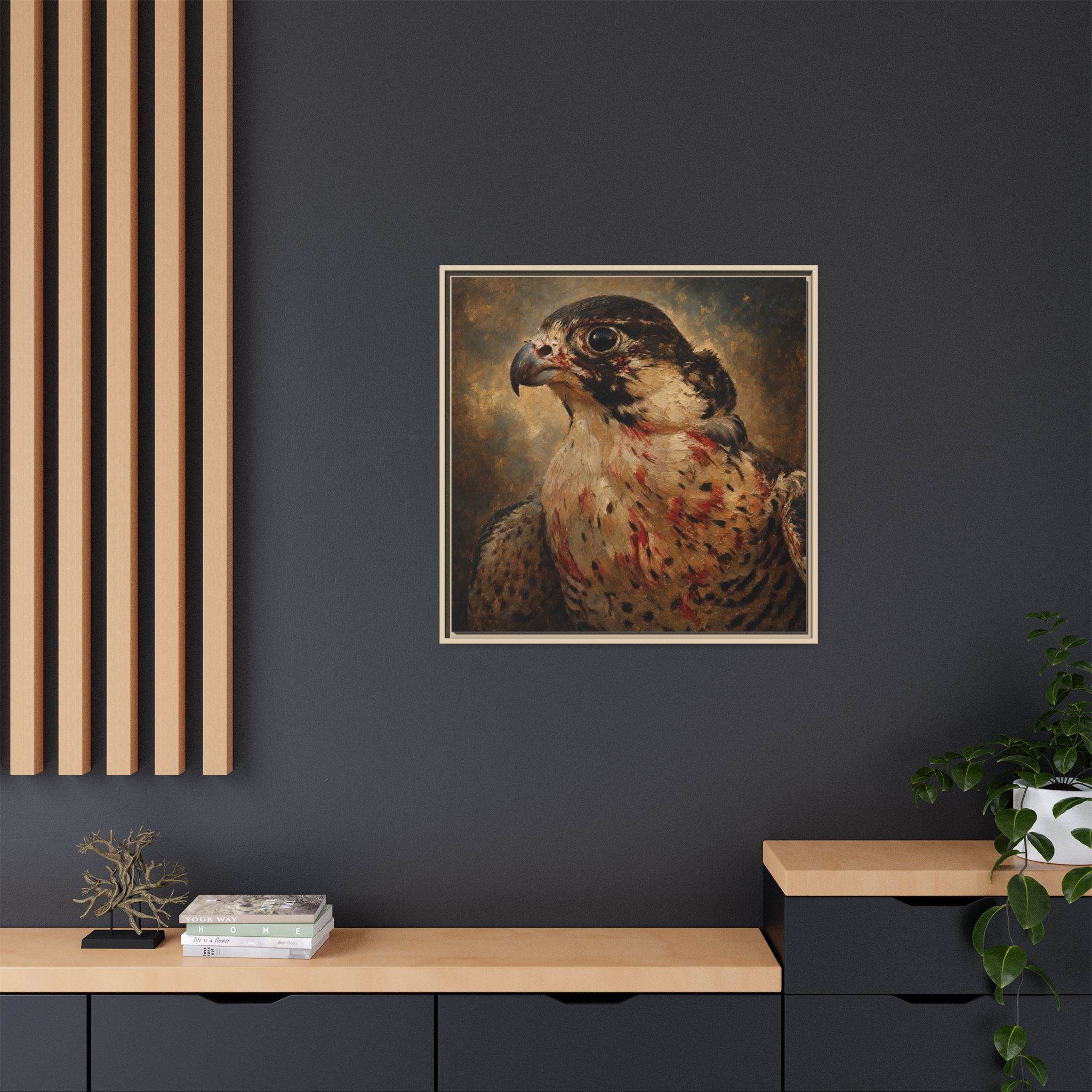 Framed Matte Canvas Falcon Portrait — Dramatic Raptor Wall Art