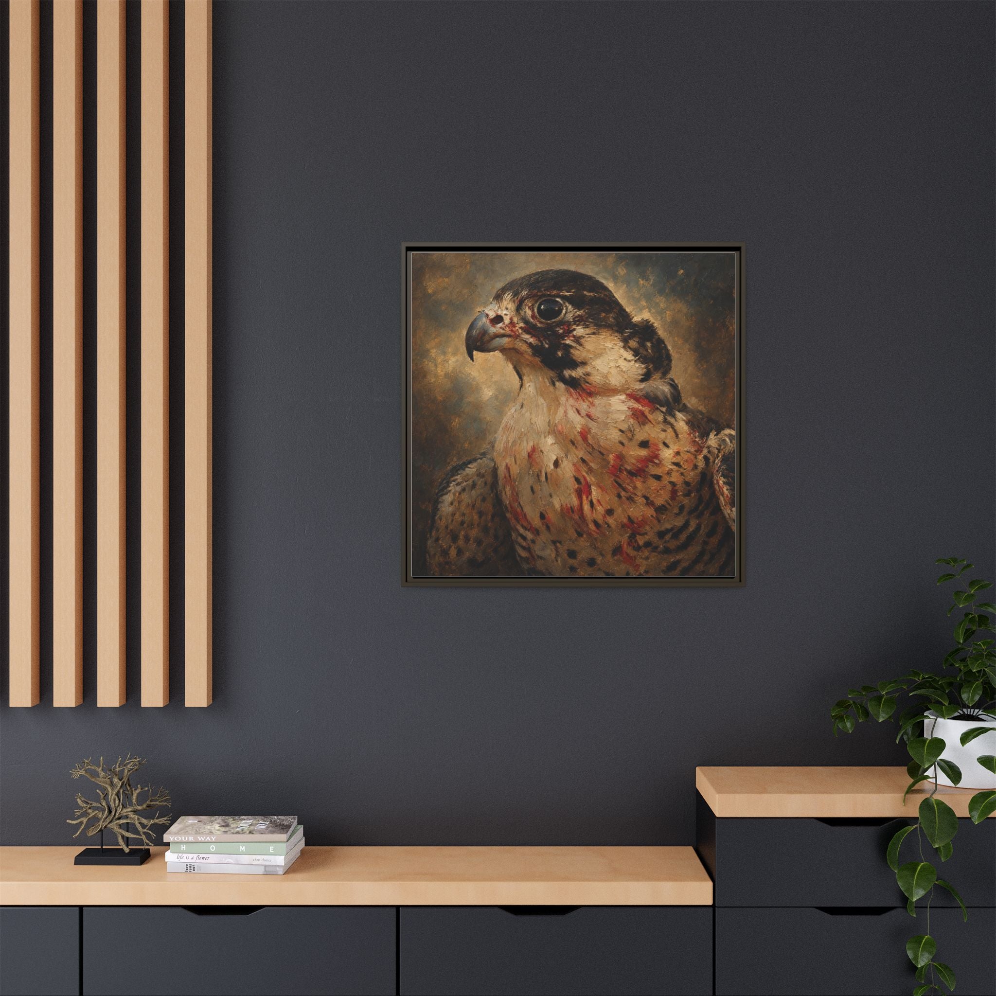 Framed Matte Canvas Falcon Portrait — Dramatic Raptor Wall Art