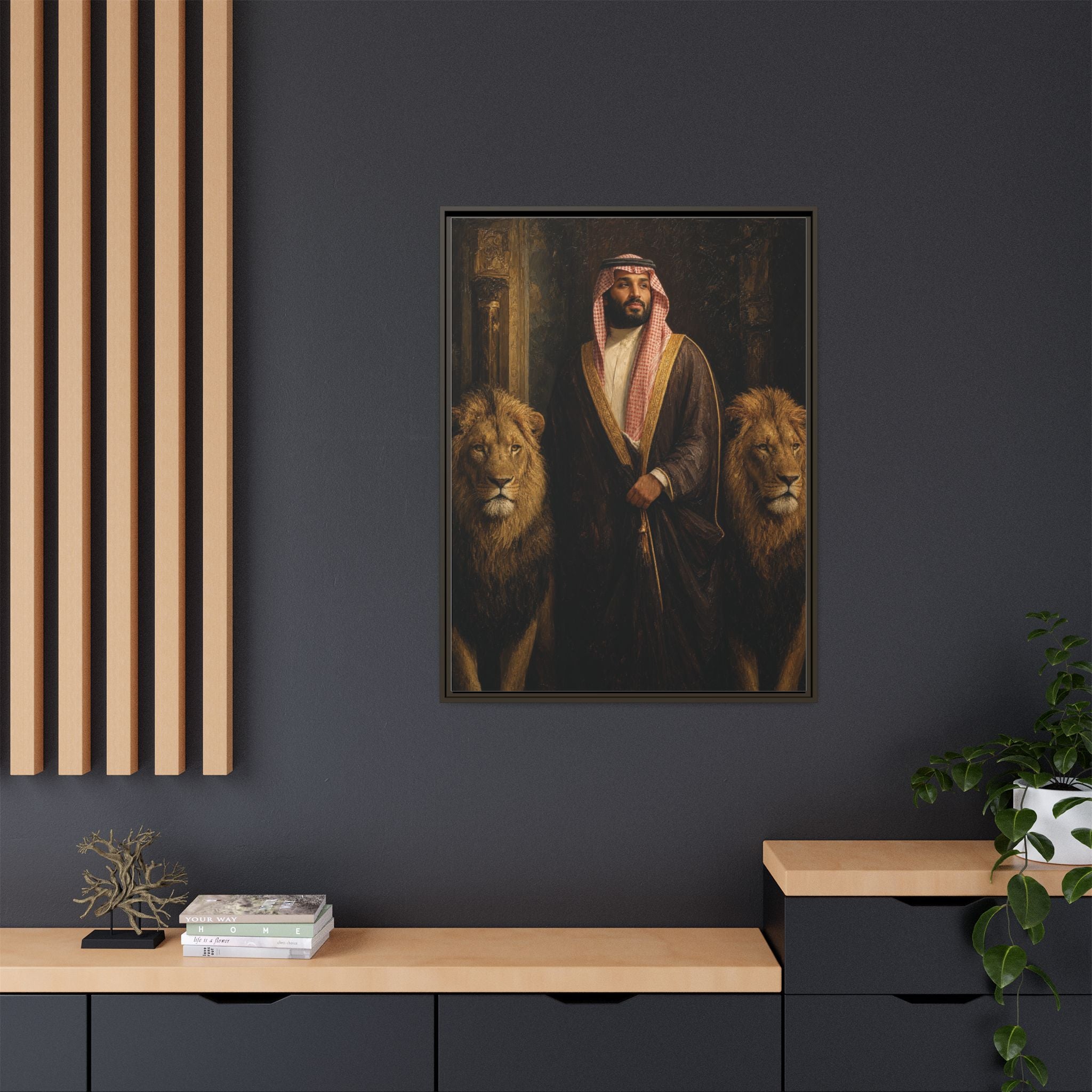 Framed Matte Canvas Print — Regal Arab Sheik Portrait with Lions