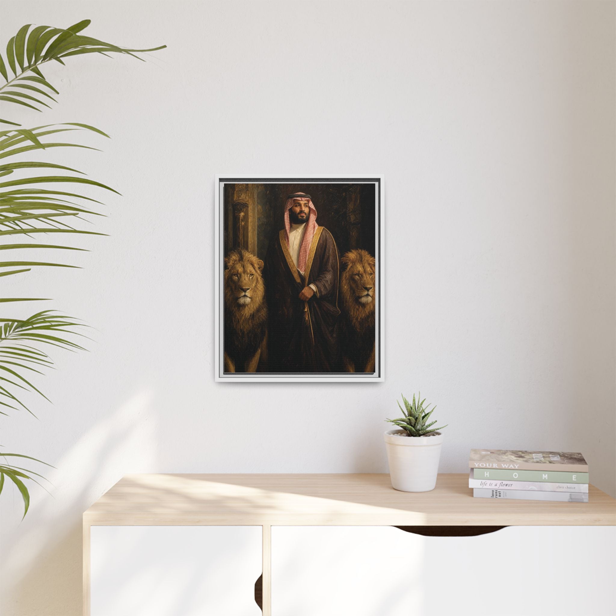 Framed Matte Canvas Print — Regal Arab Sheik Portrait with Lions