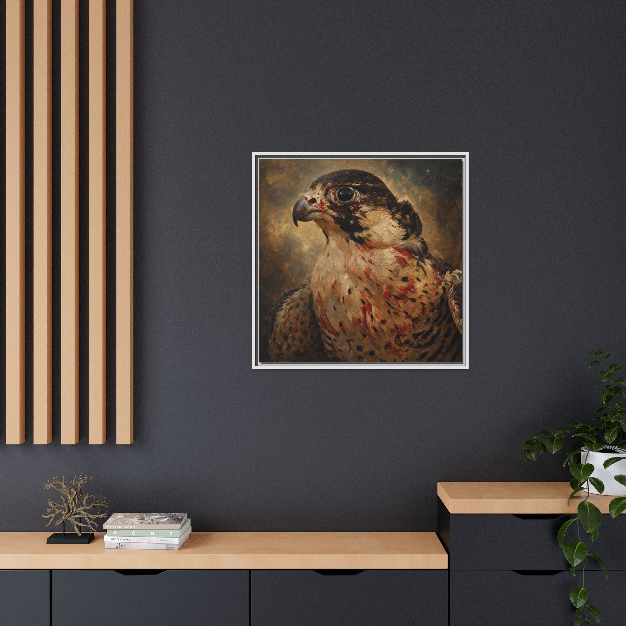 Framed Matte Canvas Falcon Portrait — Dramatic Raptor Wall Art