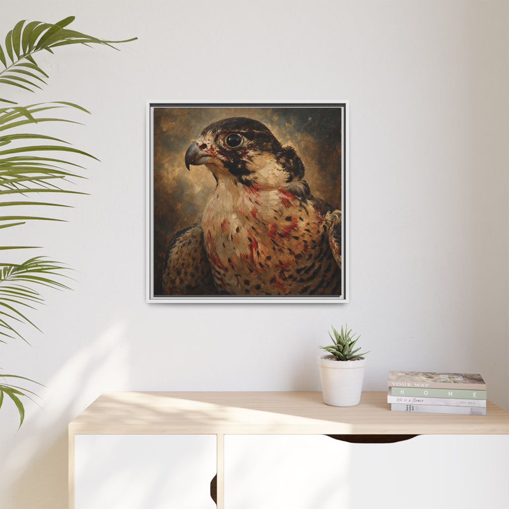 Framed Matte Canvas Falcon Portrait — Dramatic Raptor Wall Art