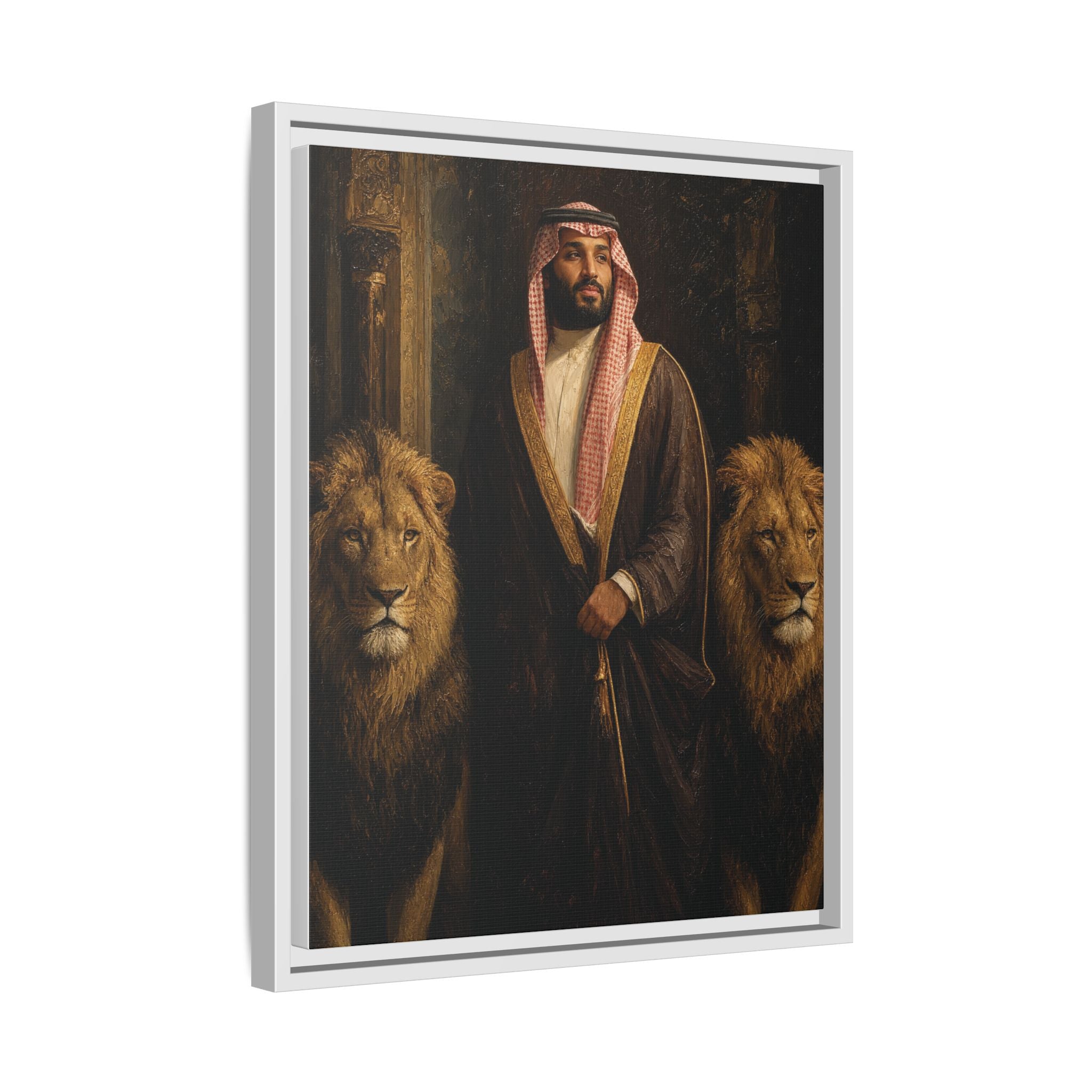Framed Matte Canvas Print — Regal Arab Sheik Portrait with Lions