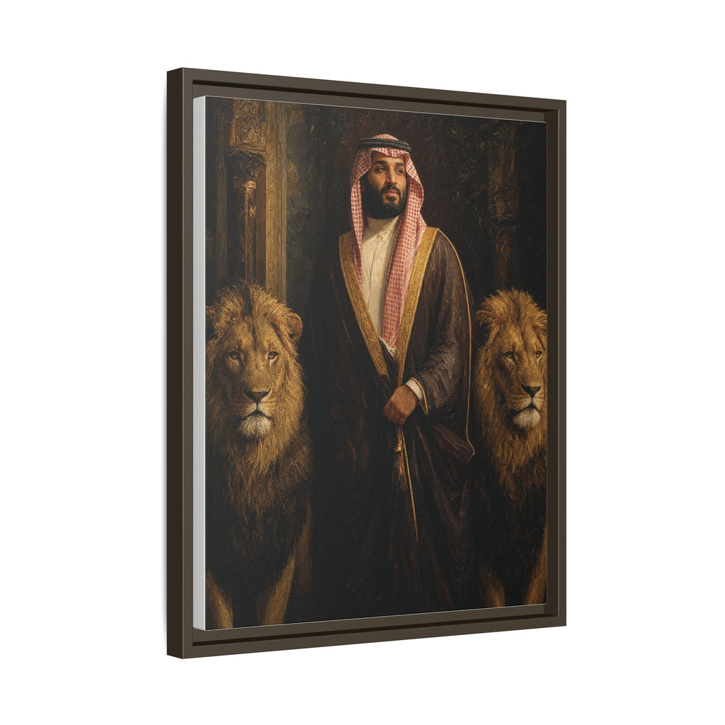 Framed Matte Canvas Print — Regal Arab Sheik Portrait with Lions