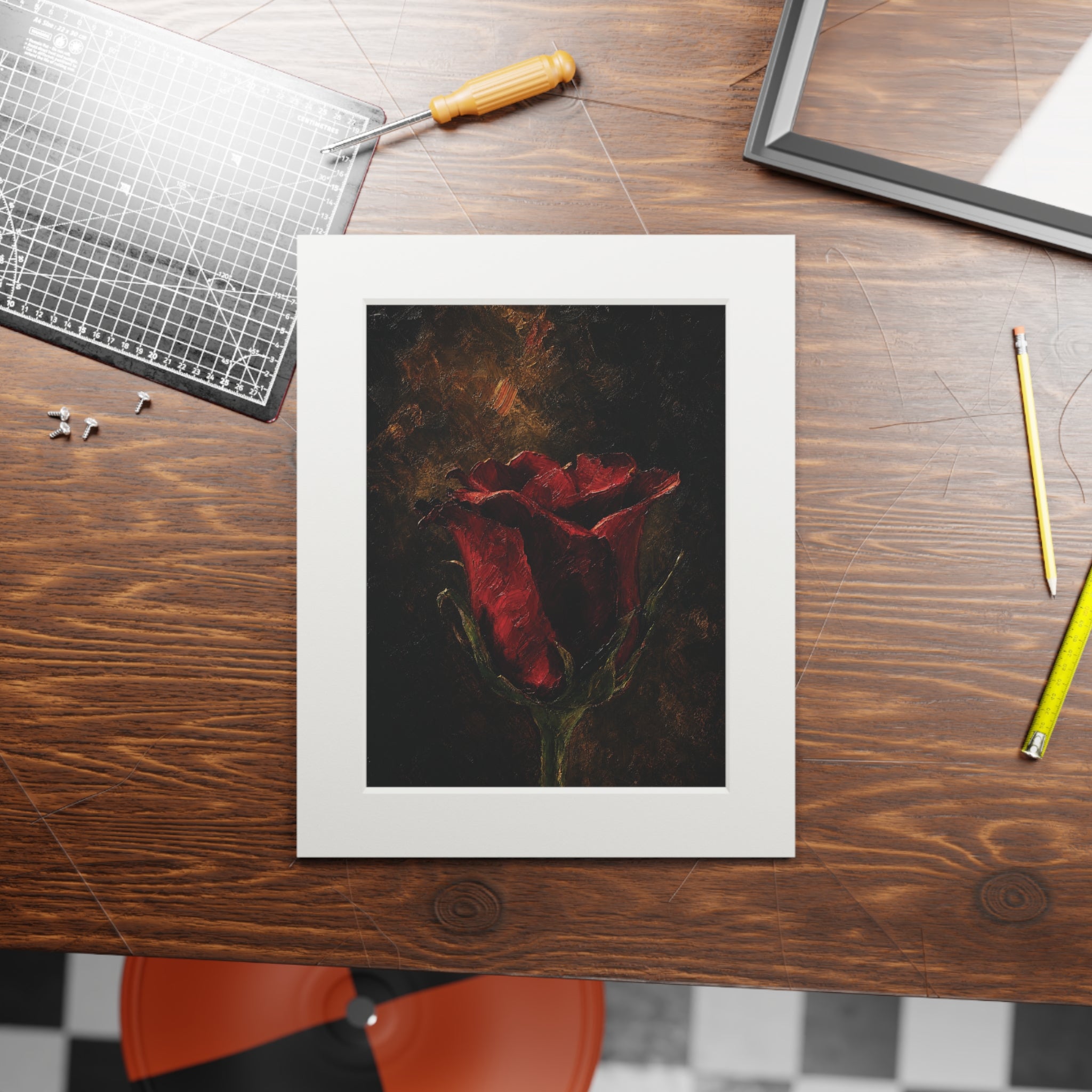 Vintage Red Rose Fine Art Print with Passepartout Frame