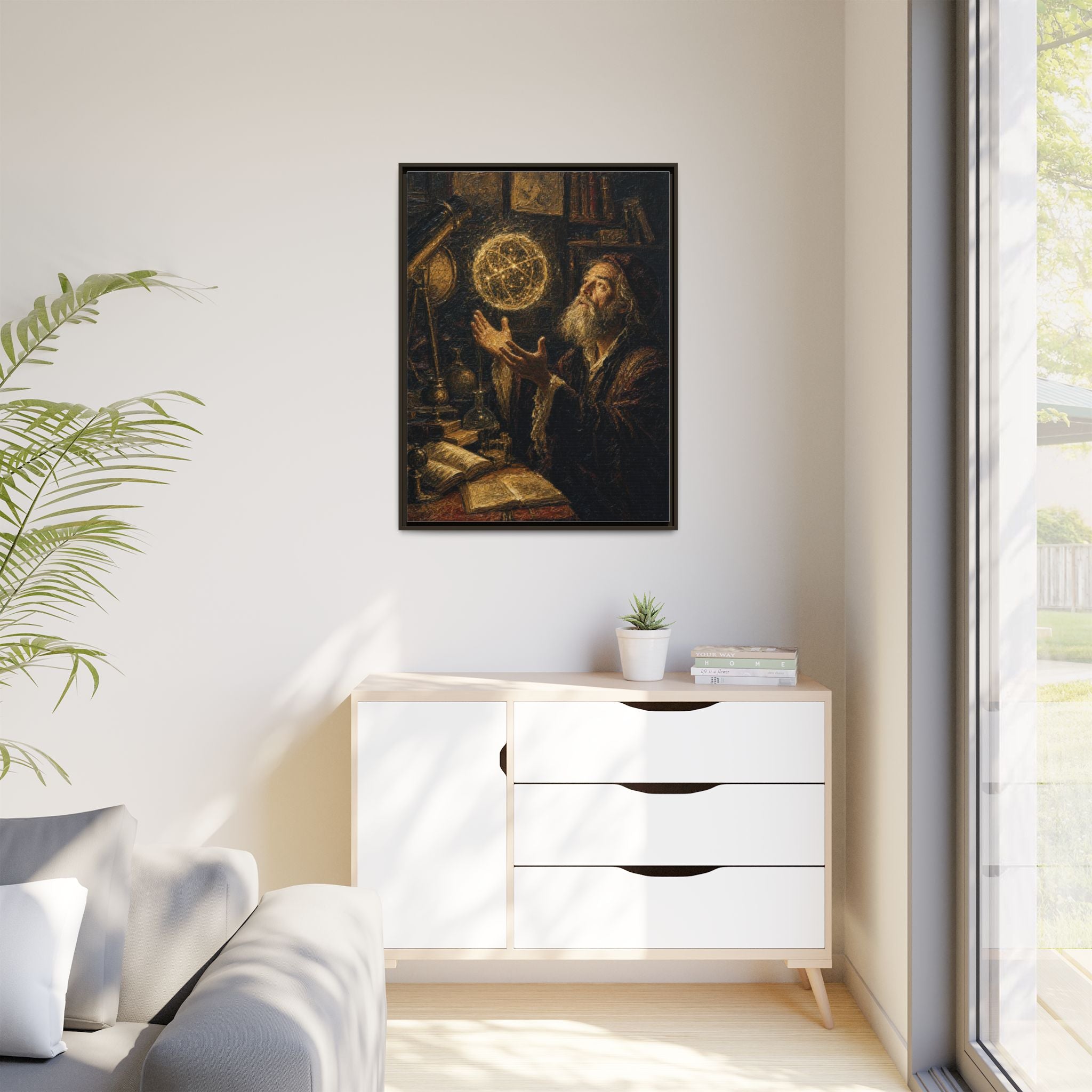 Framed Matte Canvas Art — Old Astronomer with Celestial Globe
