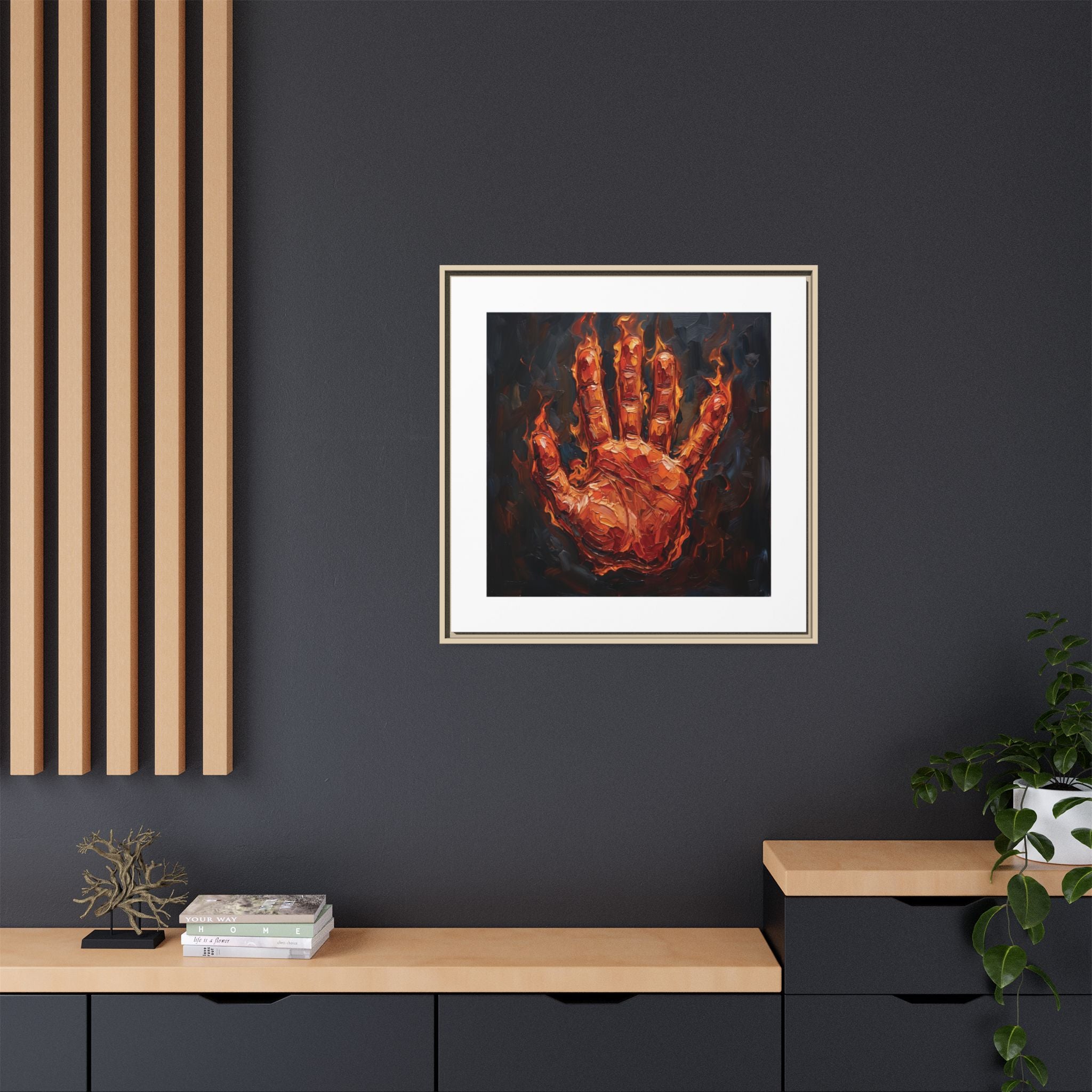 Framed Canvas Art – Fiery Handprint Painting