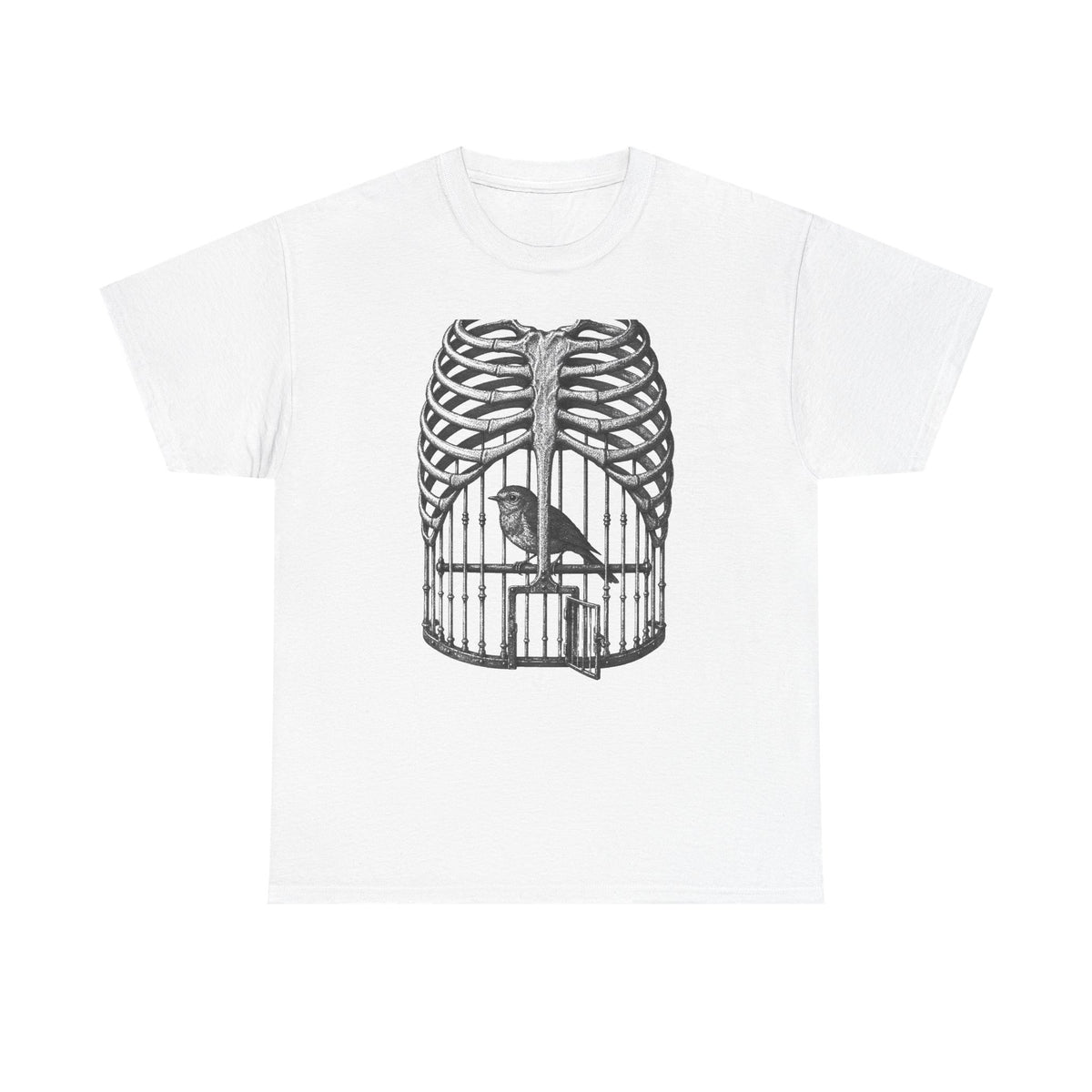 Anatomical Rib Cage Birdcage Shirt, Victorian Engraving Art Tee, Surreal Skeleton Bird Illustration, Dark Academia Gift, Unisex Heavy Cotton