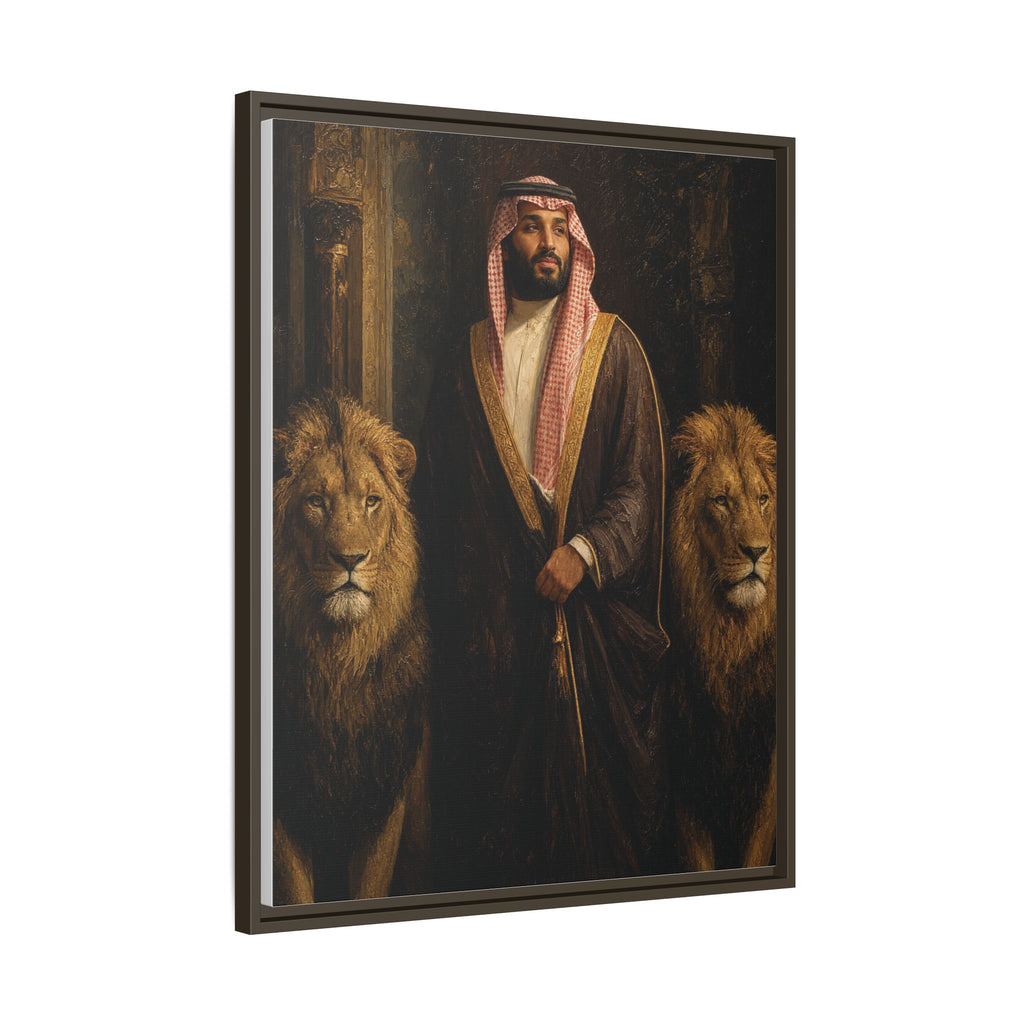 Framed Matte Canvas Print — Regal Arab Sheik Portrait with Lions