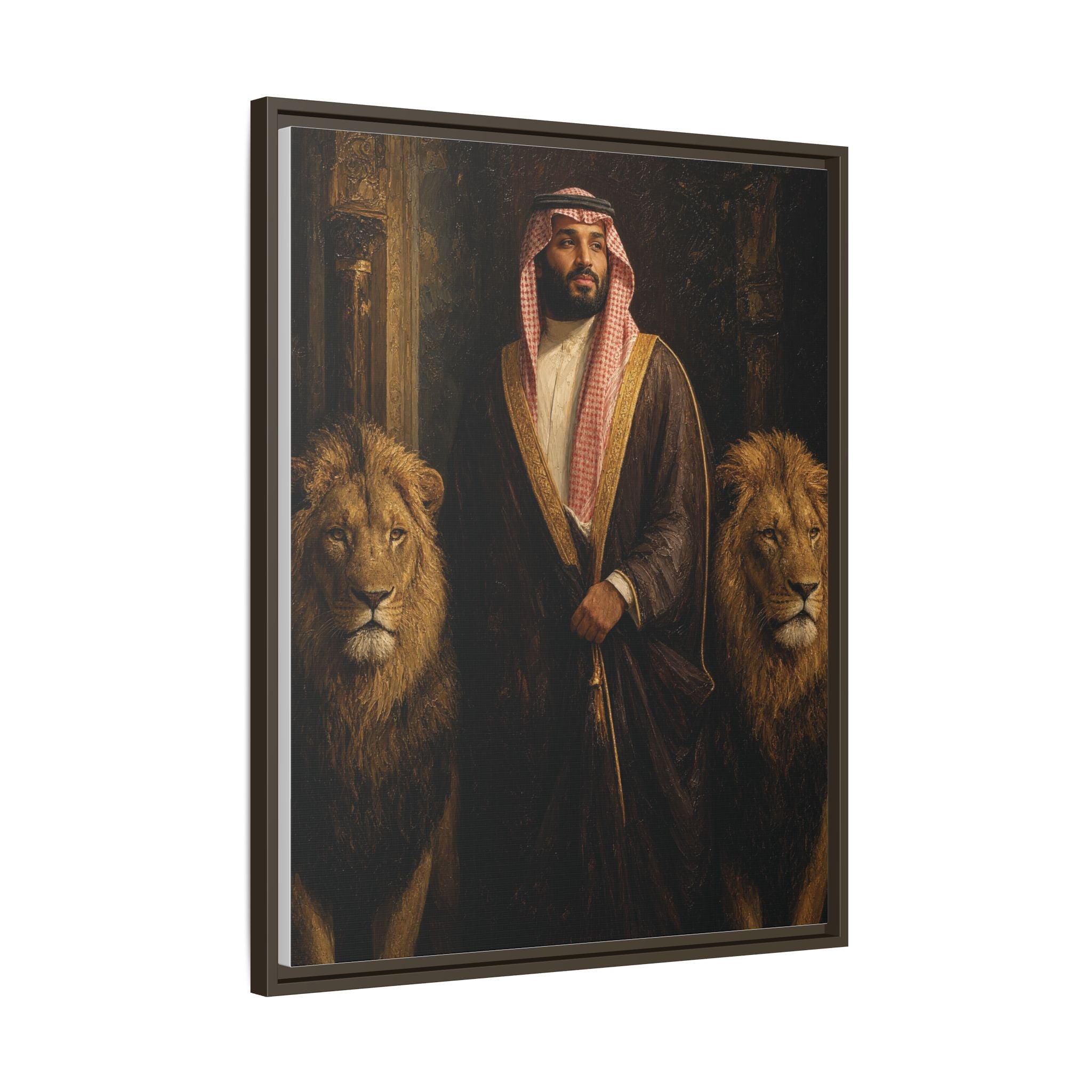 Framed Matte Canvas Print — Regal Arab Sheik Portrait with Lions