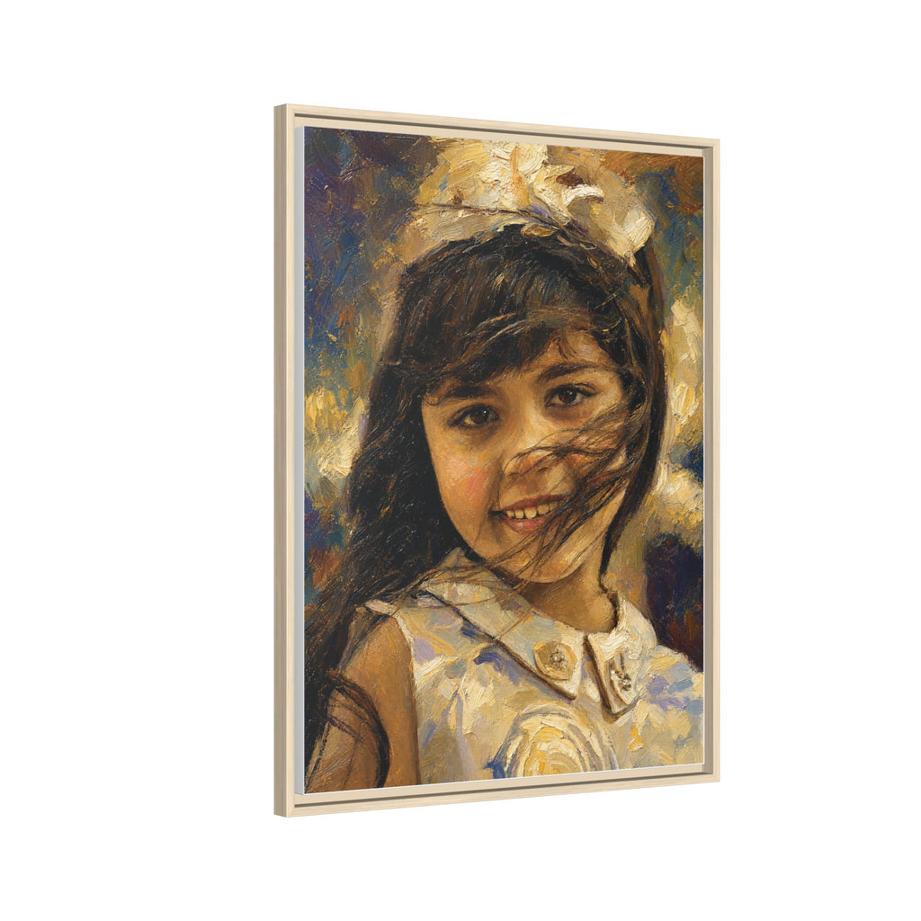 Framed Matte Canvas Portrait Print — Smiling Girl Oil-Paint Style